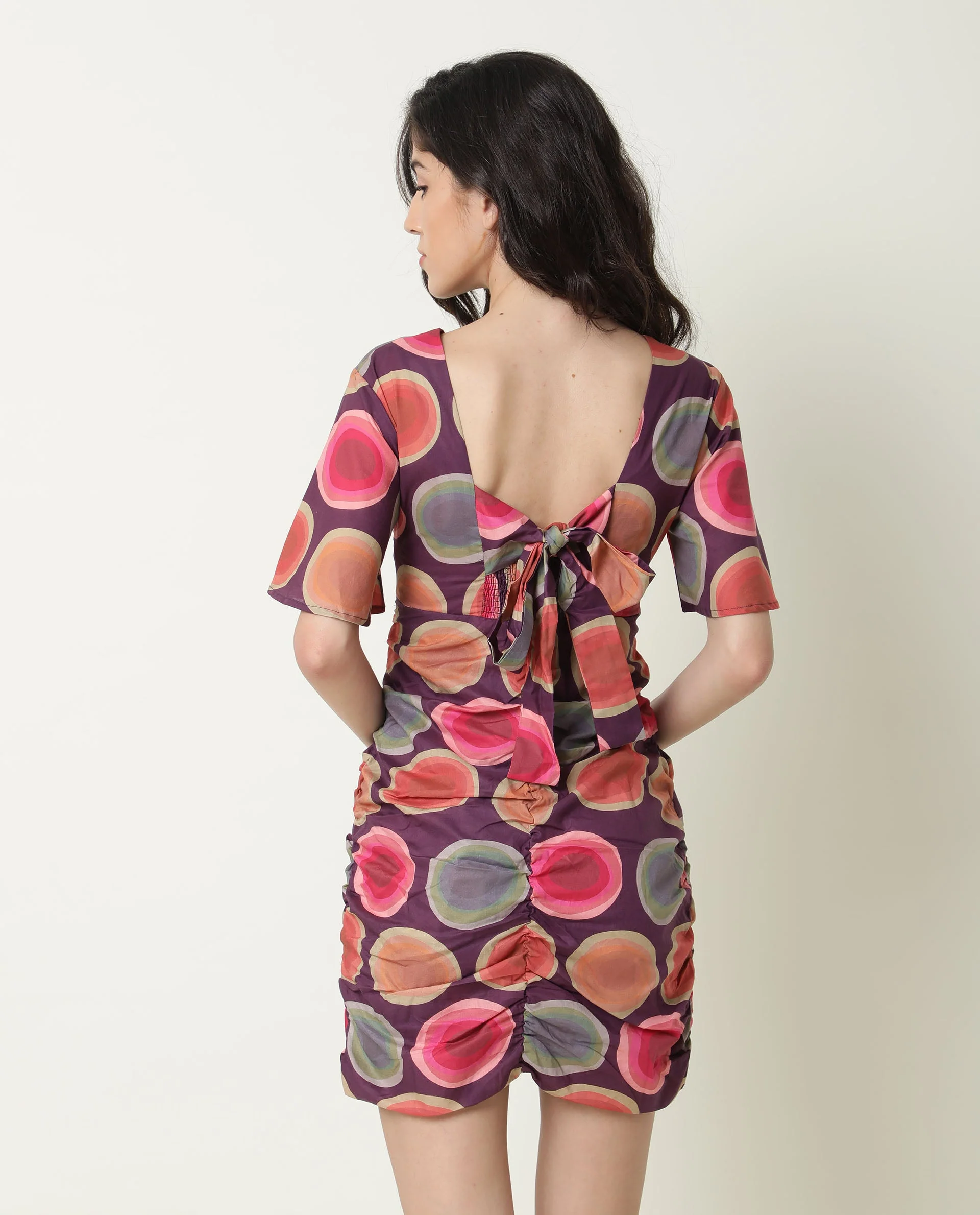 Rareism Women's Anjou Purple Cotton V-Neck Abstract Print Knee Length Regular Fit Dress - Image 10