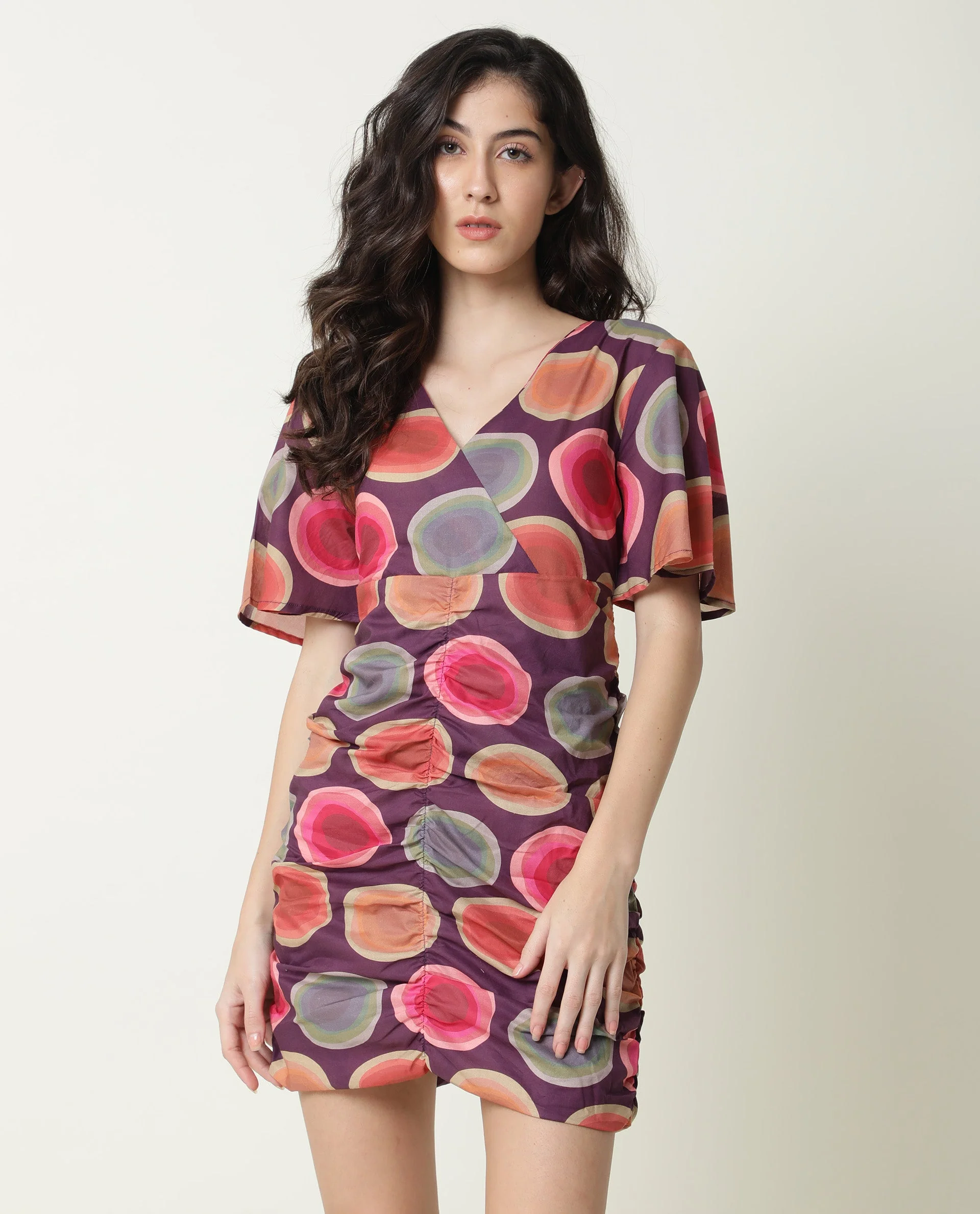 Rareism Women's Anjou Purple Cotton V-Neck Abstract Print Knee Length Regular Fit Dress - Image 5