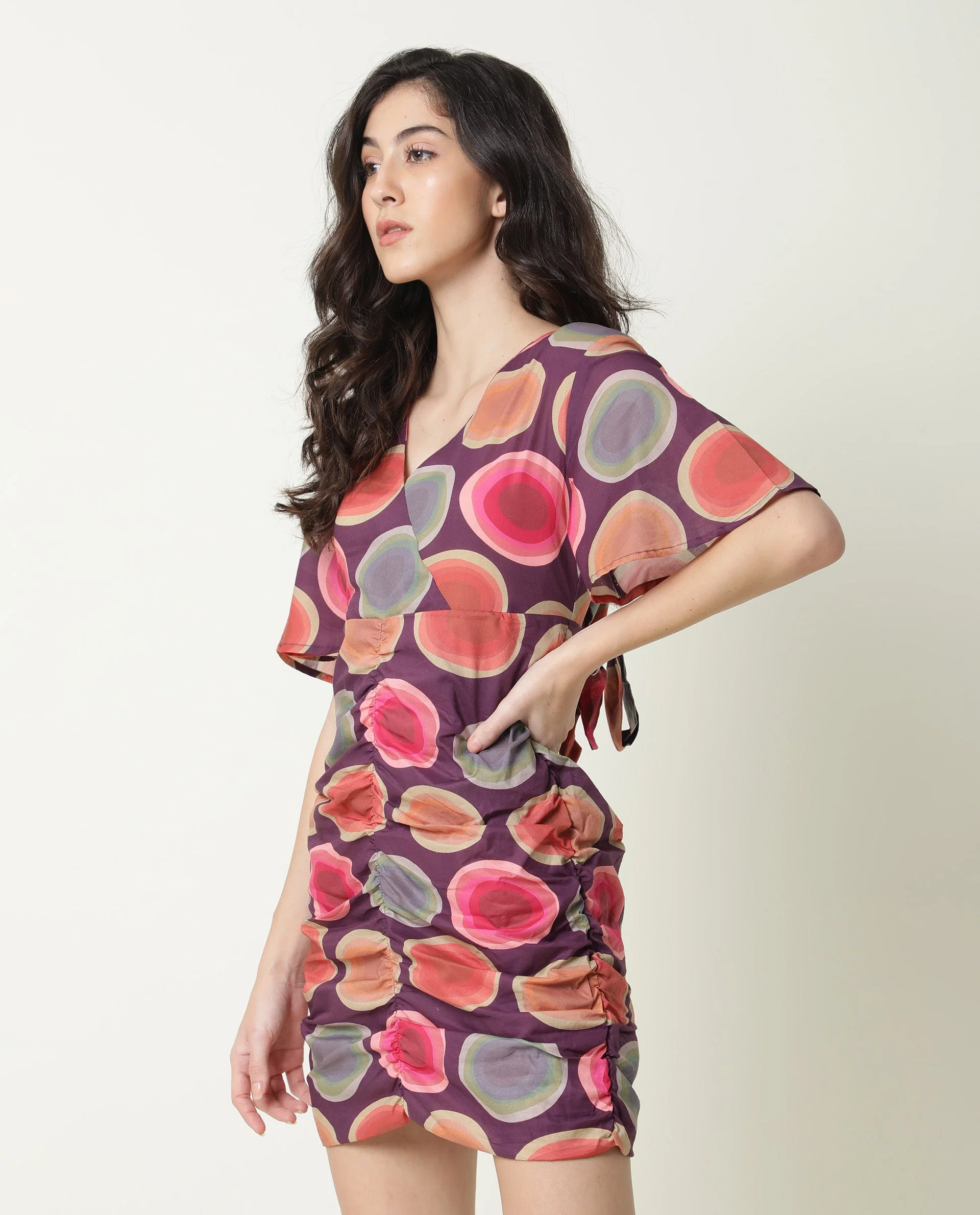 Rareism Women's Anjou Purple Cotton V-Neck Abstract Print Knee Length Regular Fit Dress - Image 7