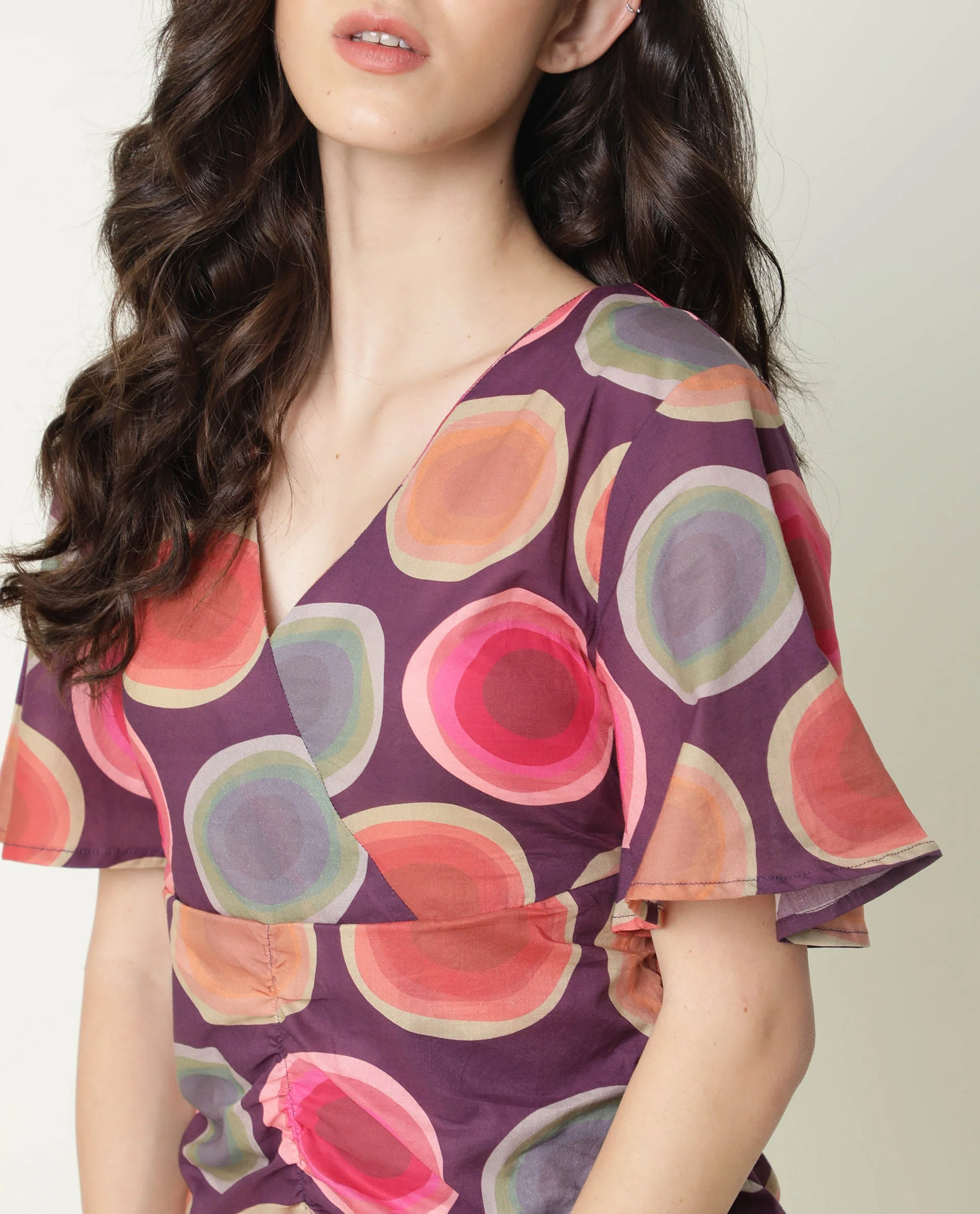 Rareism Women's Anjou Purple Cotton V-Neck Abstract Print Knee Length Regular Fit Dress - Image 8