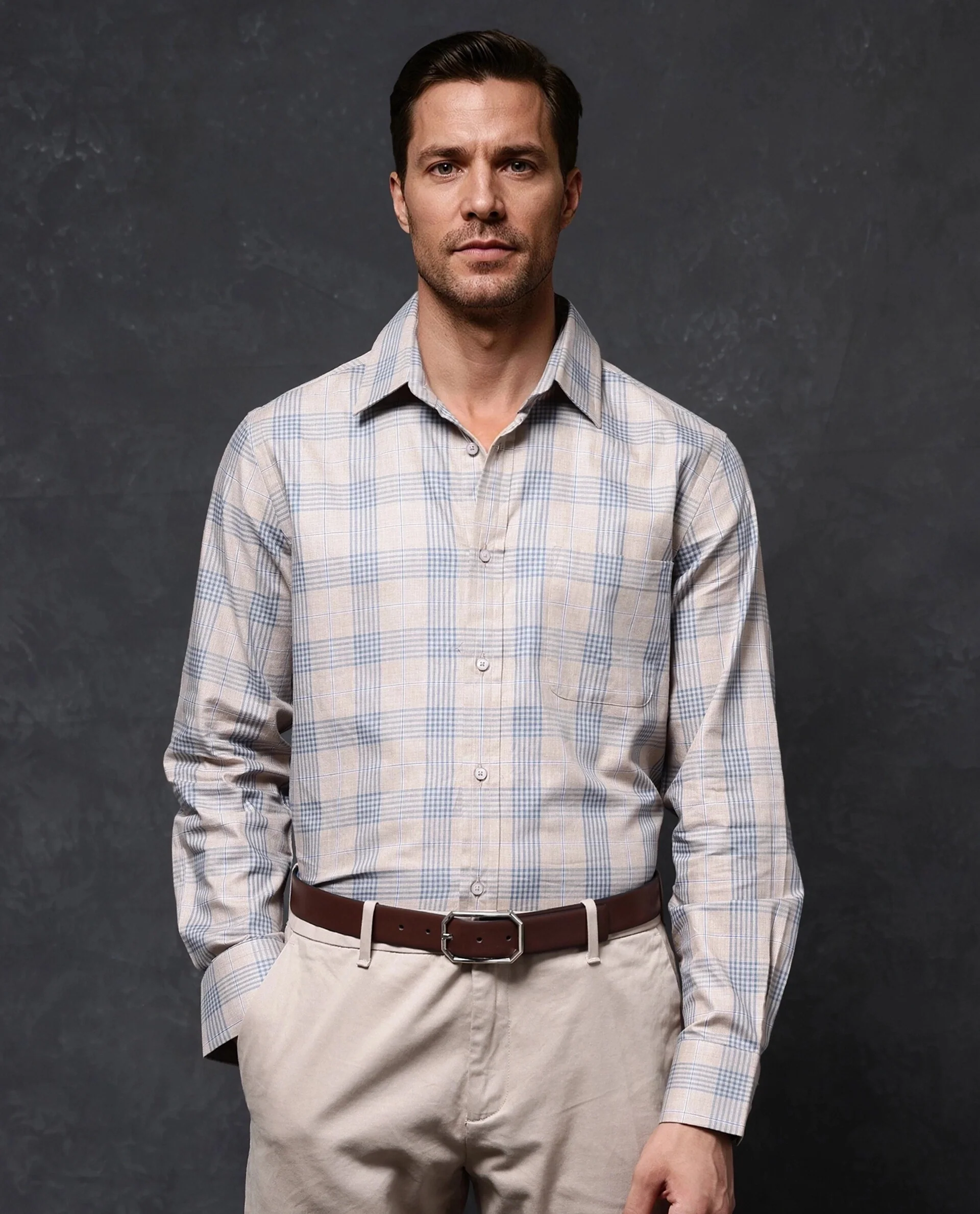Rare Rabbit Men's Aporo Beige Cotton Checked Print Regular Fit Full Sleeve Collared Shirt