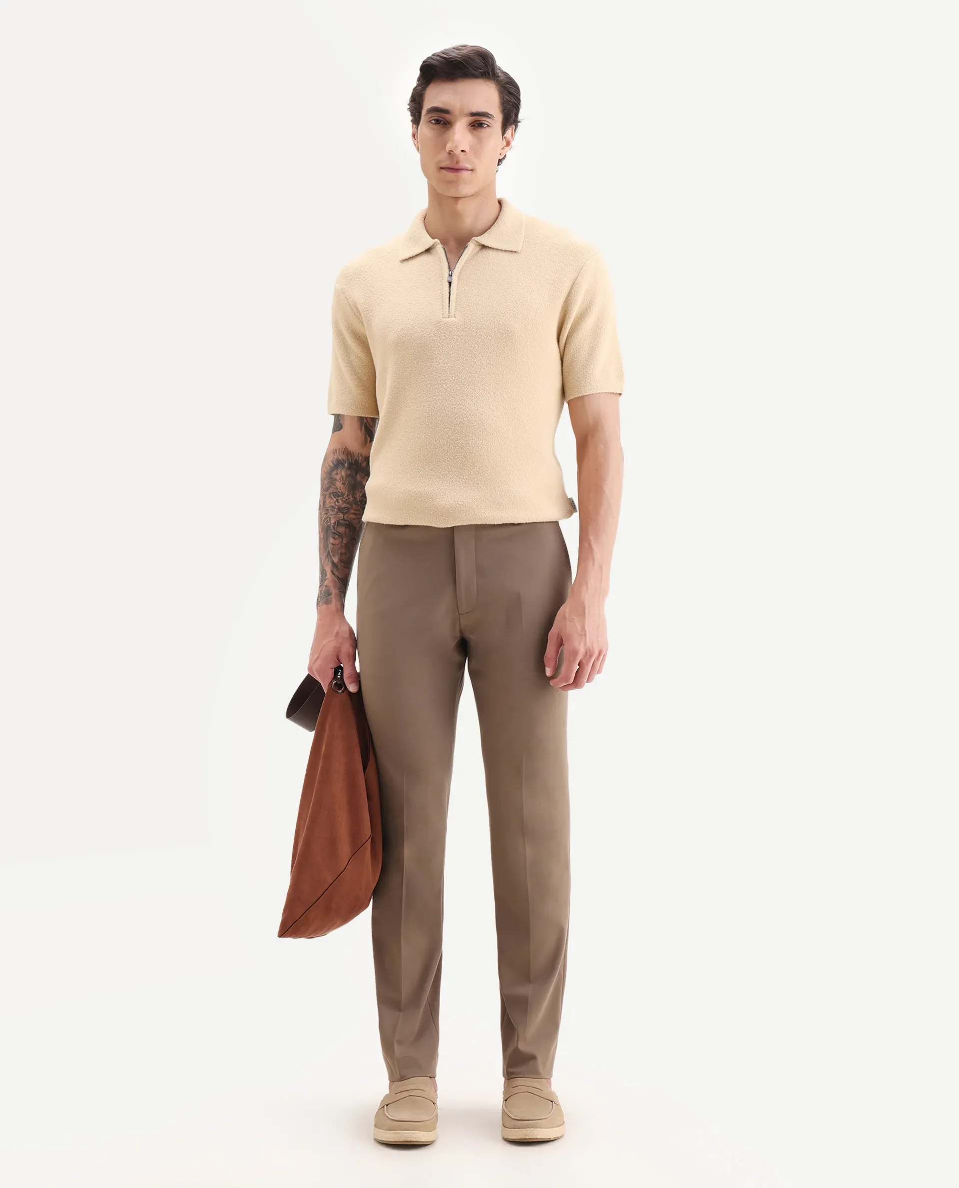 Rare Rabbit Men Arcade Beige Polyester Fabric Hook And Zipper Closure Regular Fit Plain Trouser