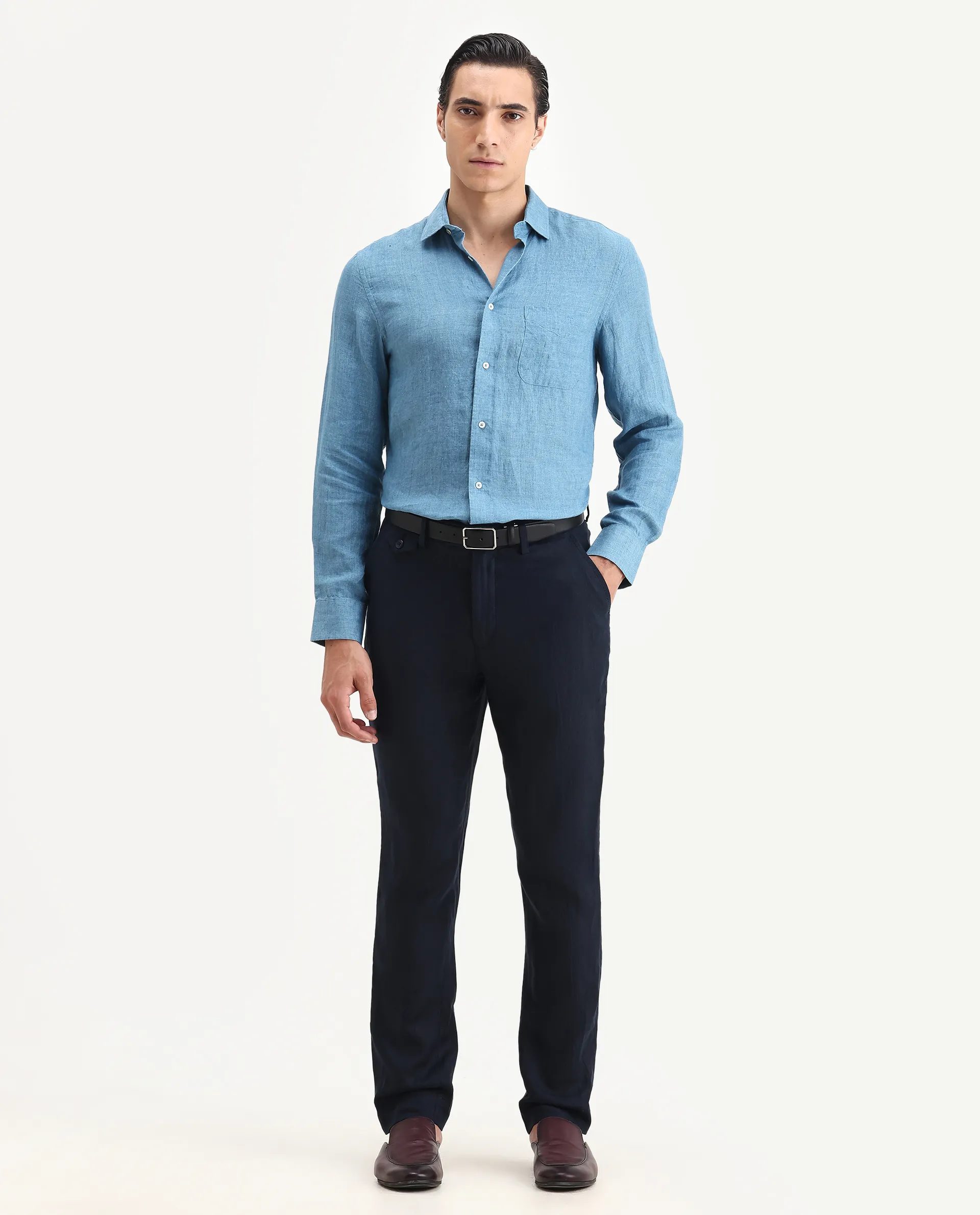 Rare Rabbit Men's Arcelo-2 Navy Linen Plain Regular Fit Trouser