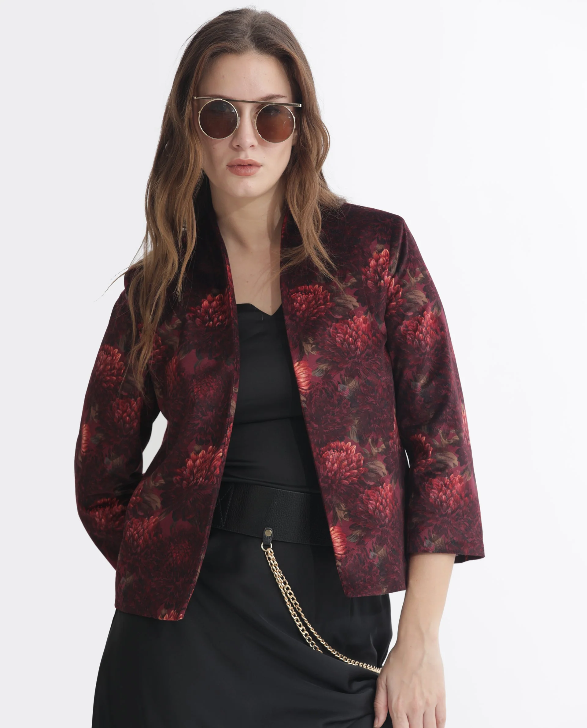 Rareism Women's Arizu Maroon Velvet Collarless Floral Print Regular Fit Shrug