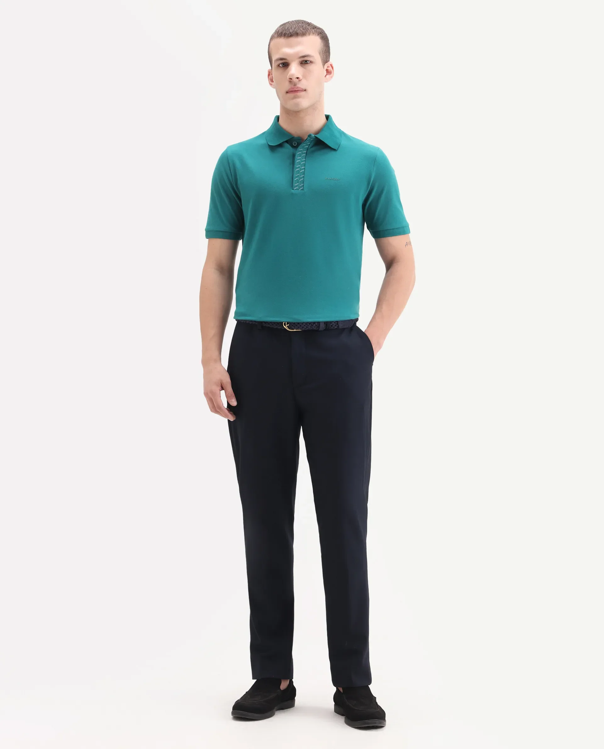 Rare Rabbit Men's Arko Green Cotton Plain Regular Fit Half Sleeve Polo - Image 2