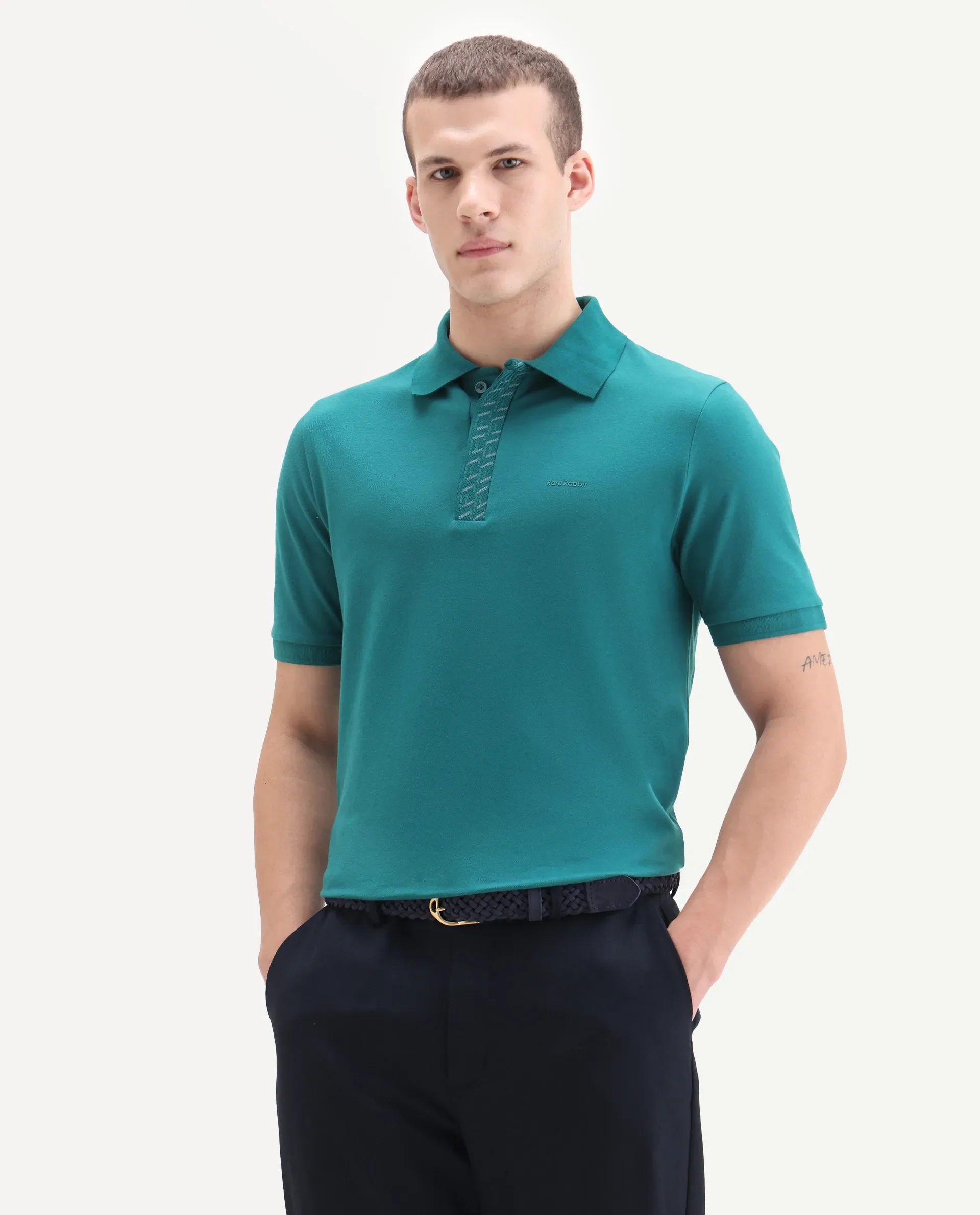 Rare Rabbit Men's Arko Green Cotton Plain Regular Fit Half Sleeve Polo - Image 7