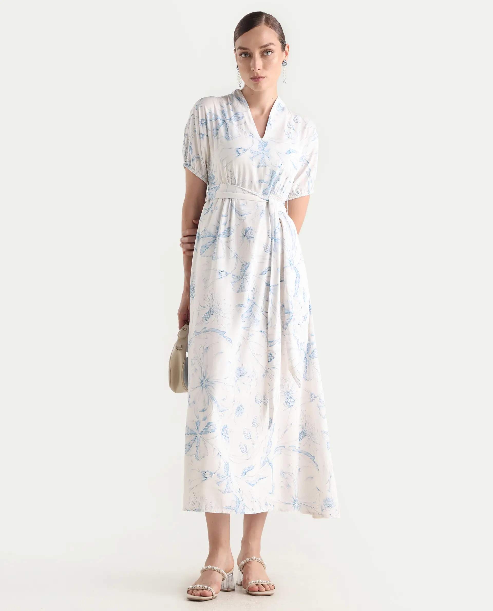 Rareism Women's Arna White Viscose V-Neck A-Line Floral Print Dress