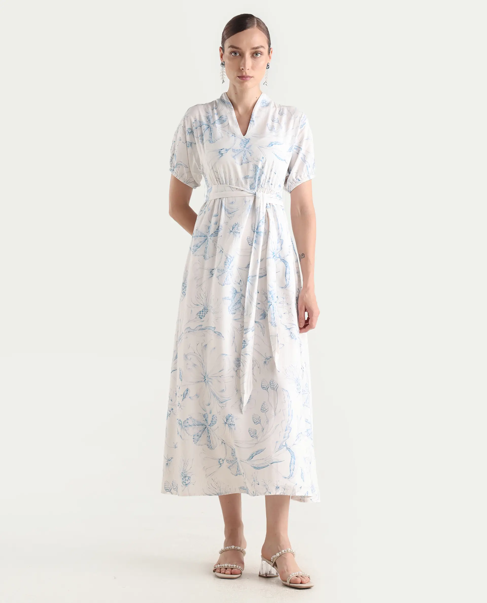 Rareism Women's Arna White Viscose V-Neck A-Line Floral Print Dress - Image 2