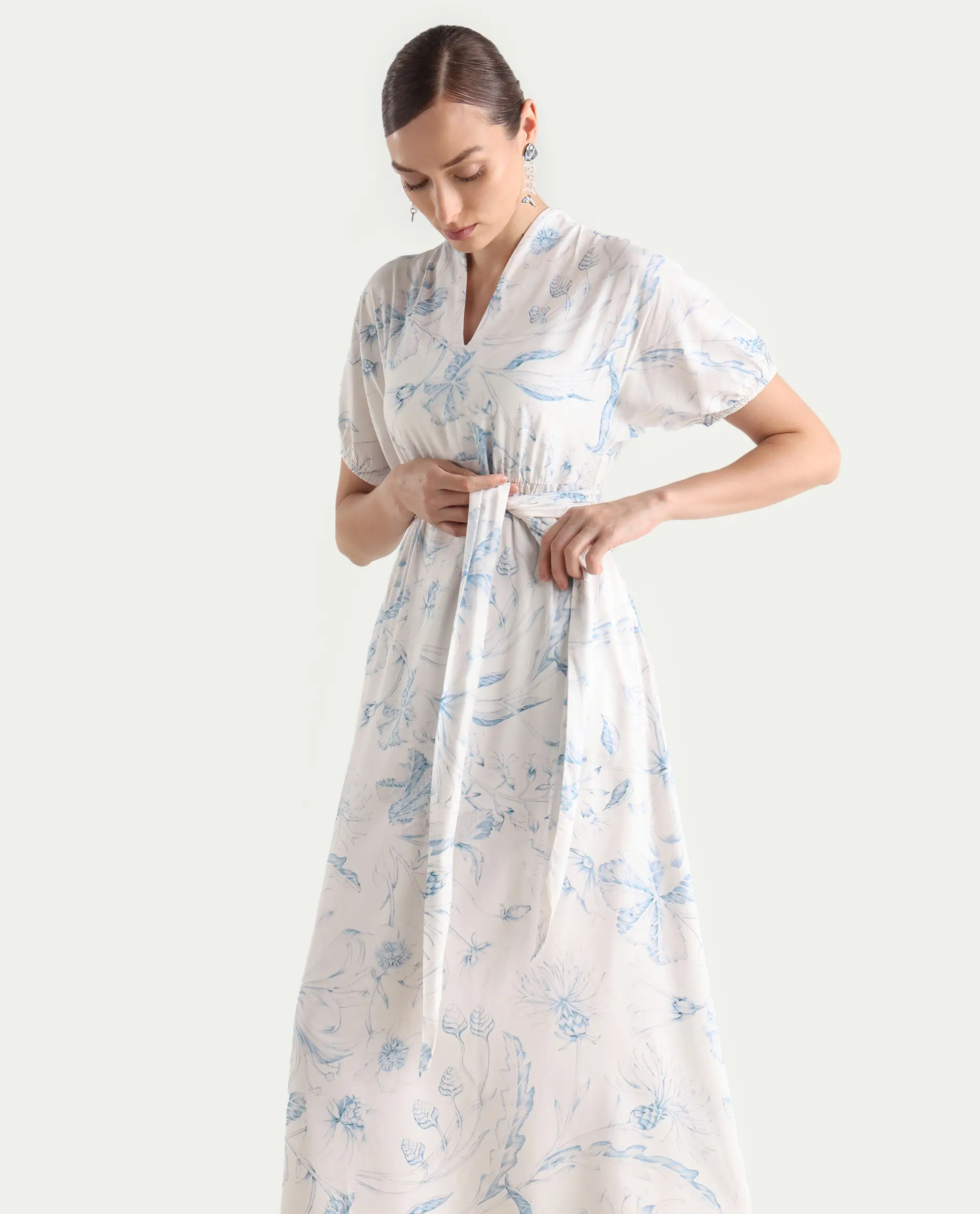 Rareism Women's Arna White Viscose V-Neck A-Line Floral Print Dress - Image 3