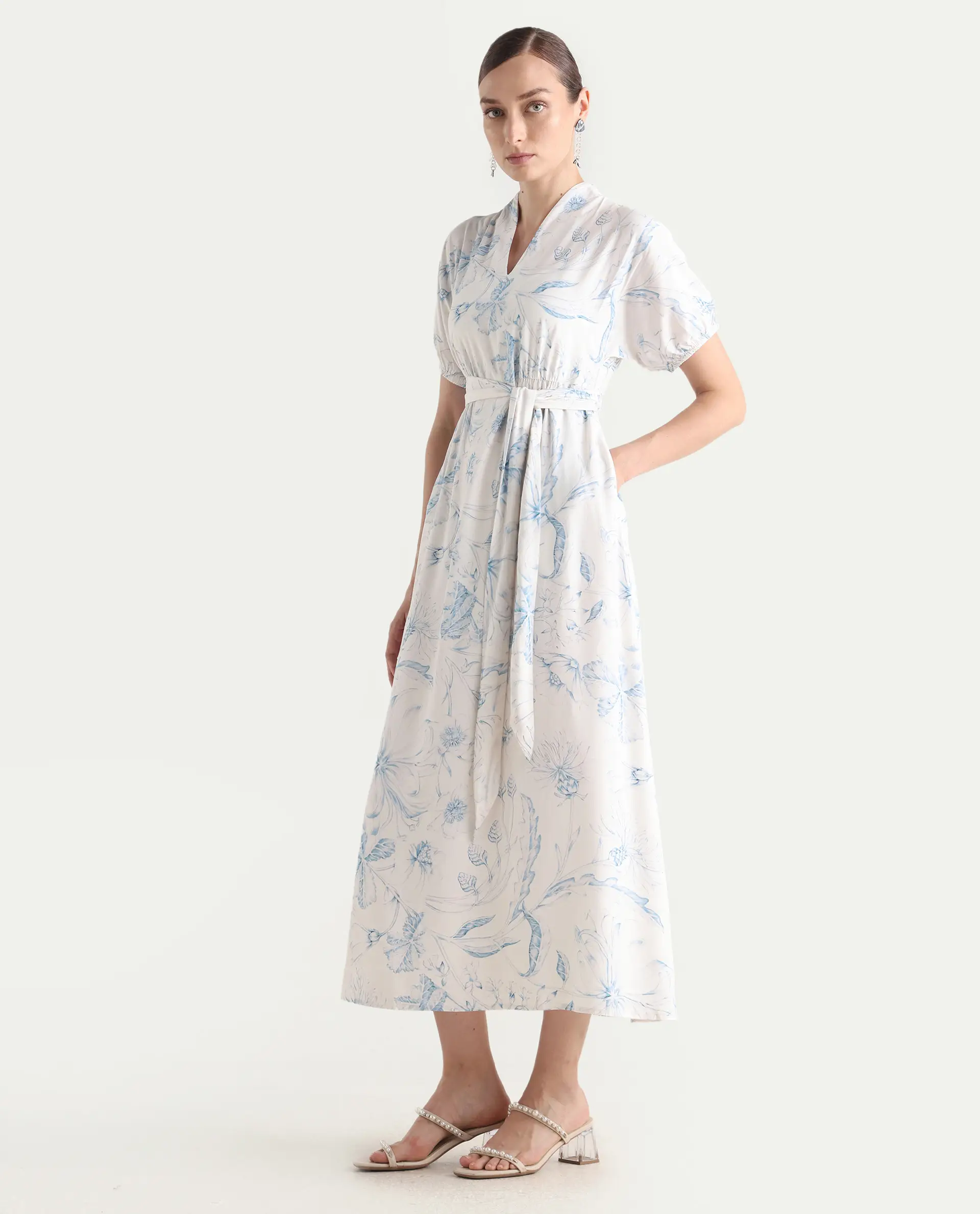 Rareism Women's Arna White Viscose V-Neck A-Line Floral Print Dress - Image 6