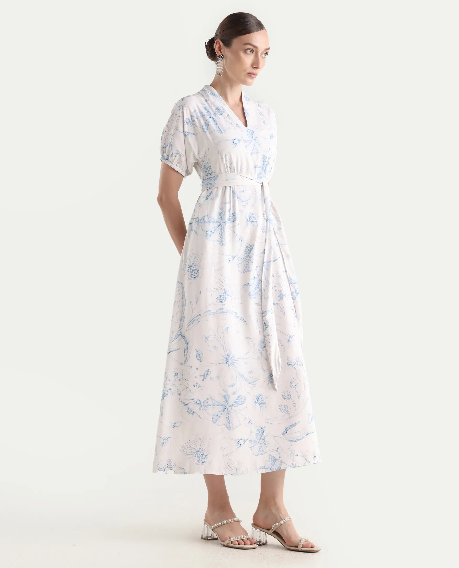 Rareism Women's Arna White Viscose V-Neck A-Line Floral Print Dress - Image 7