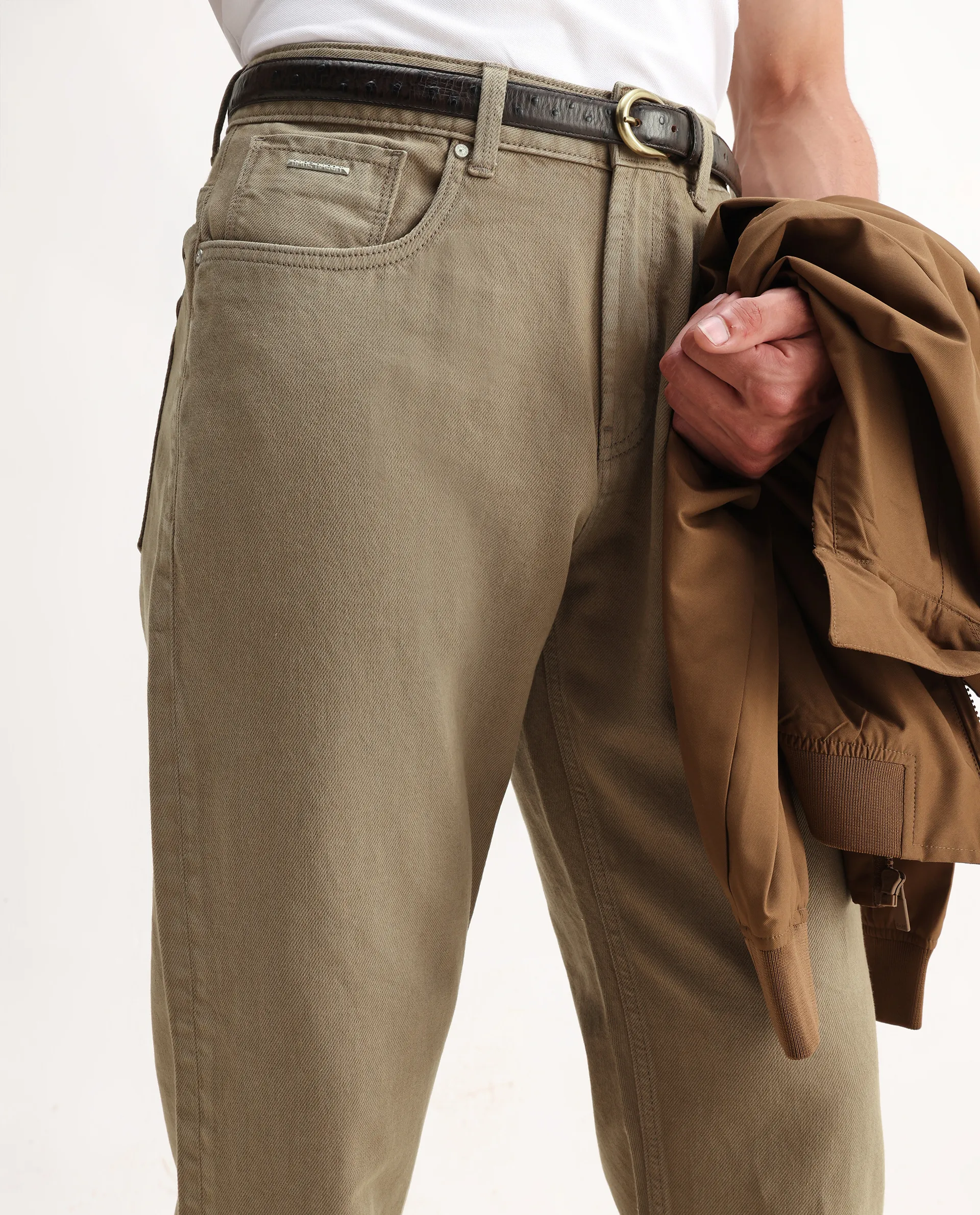Rare Rabbit Men's Arvi-2 Olive Cotton Blend Plain Dond Carrot Fit Jeans - Image 2