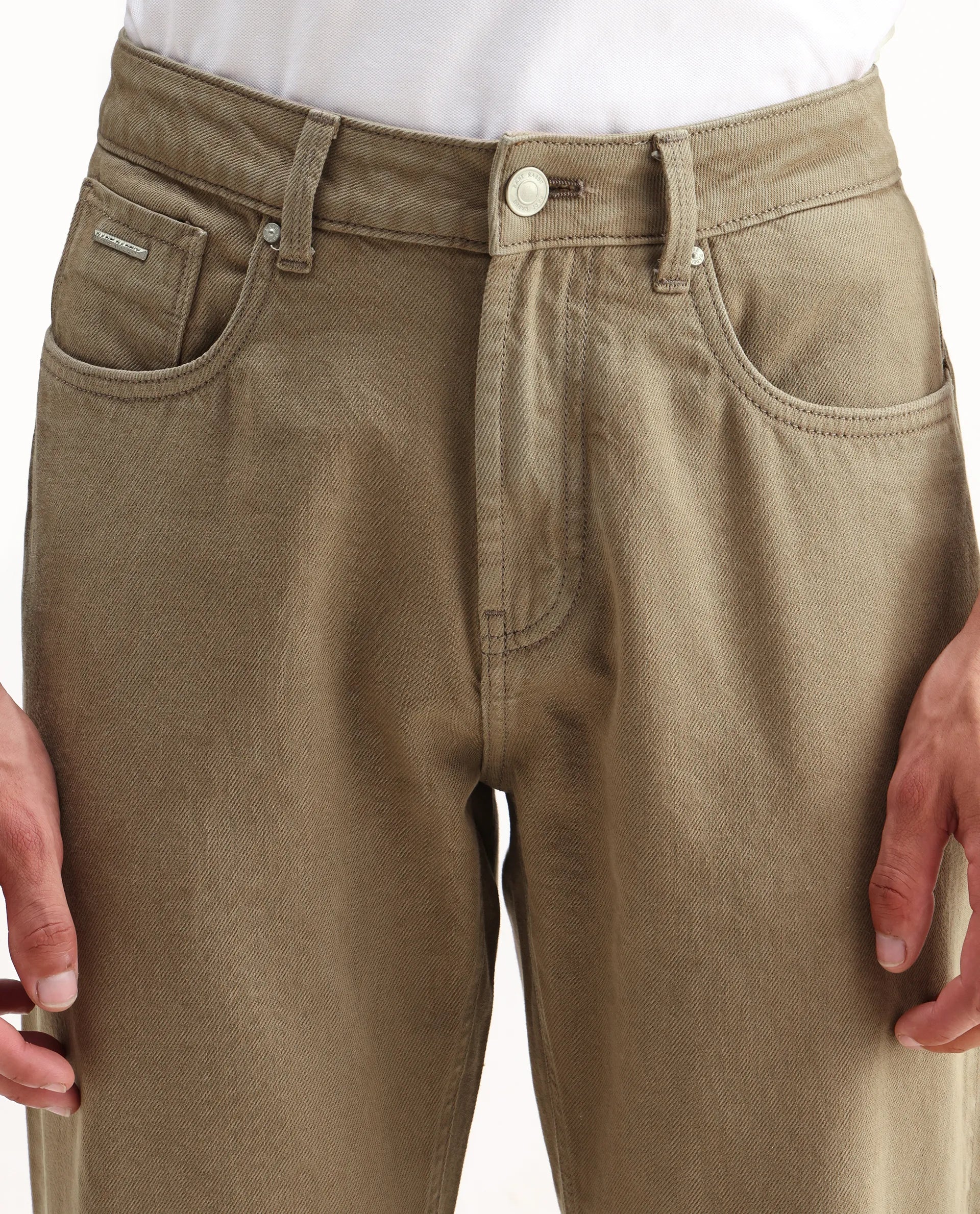 Rare Rabbit Men's Arvi-2 Olive Cotton Blend Plain Dond Carrot Fit Jeans - Image 5