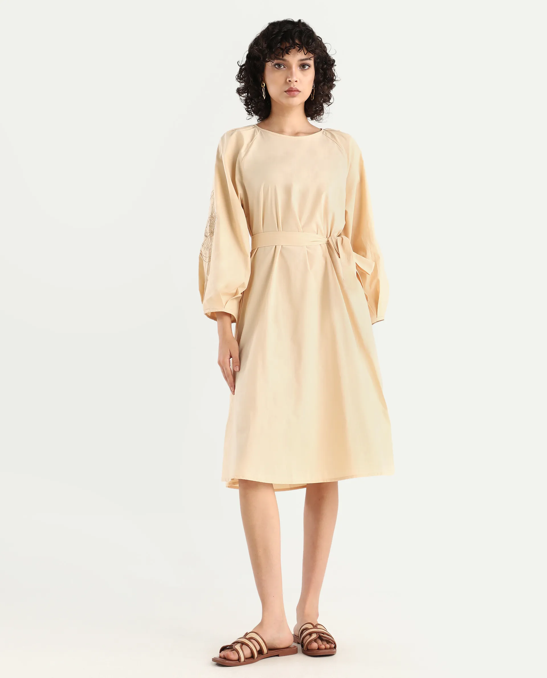 Rareism Women's Asta Light Beige Cotton Round Neck Plain Raglan Sleeve Midi A-Line Dress - Image 2