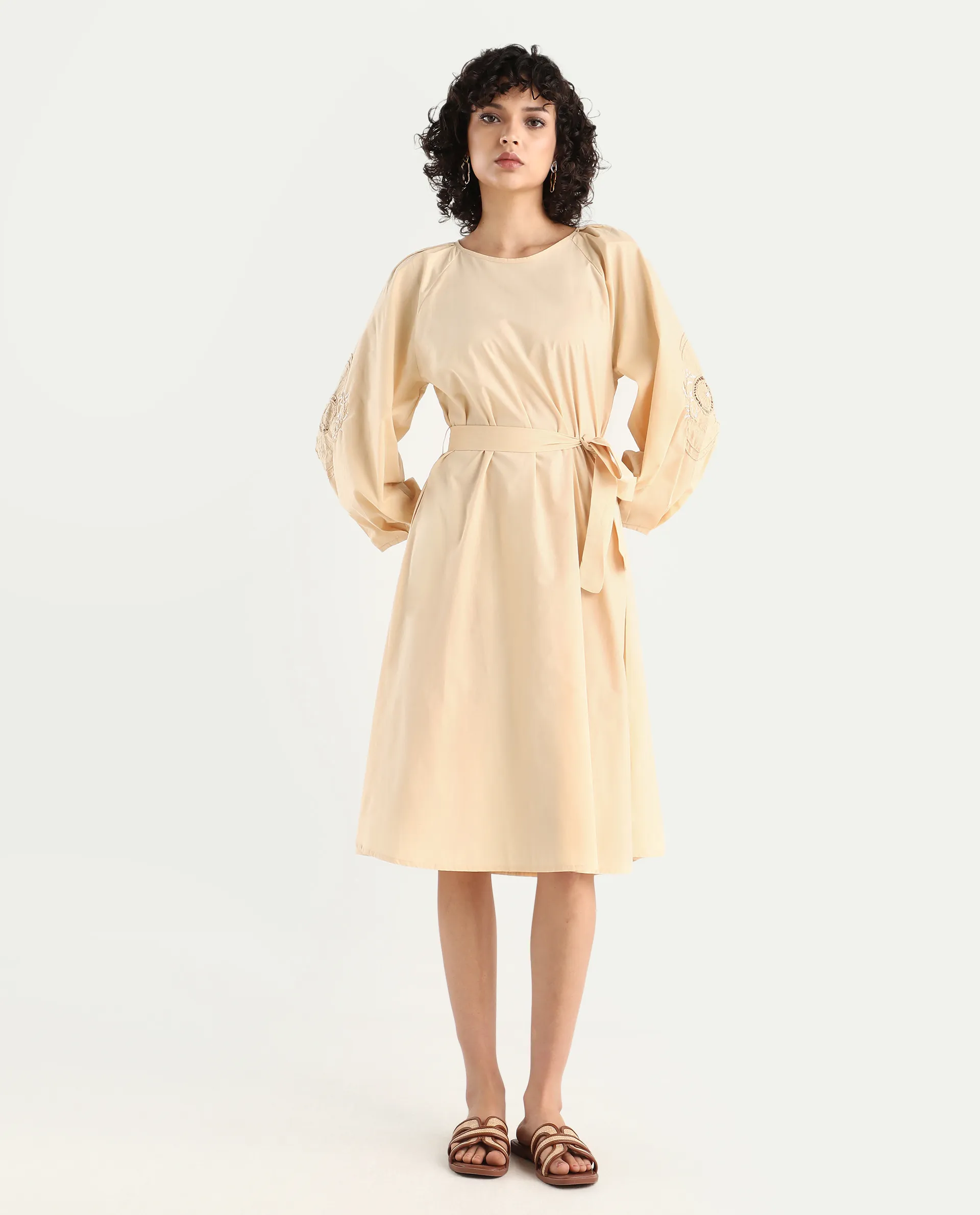 Rareism Women's Asta Light Beige Cotton Round Neck Plain Raglan Sleeve Midi A-Line Dress - Image 3