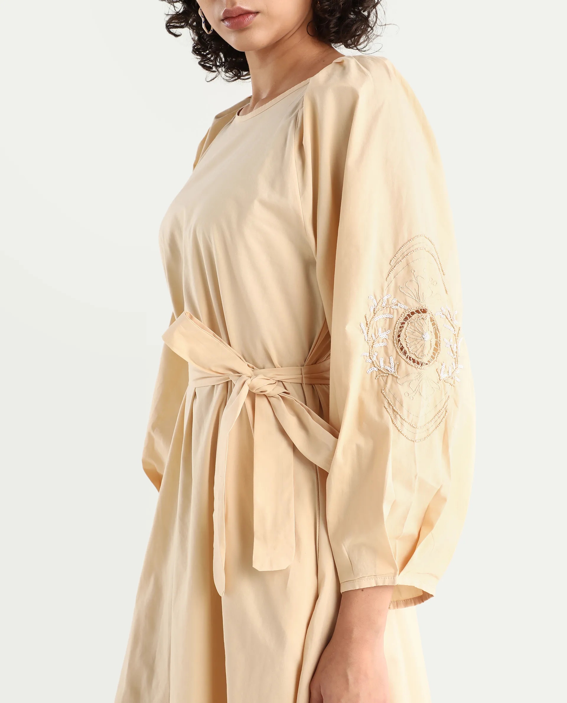 Rareism Women's Asta Light Beige Cotton Round Neck Plain Raglan Sleeve Midi A-Line Dress - Image 4
