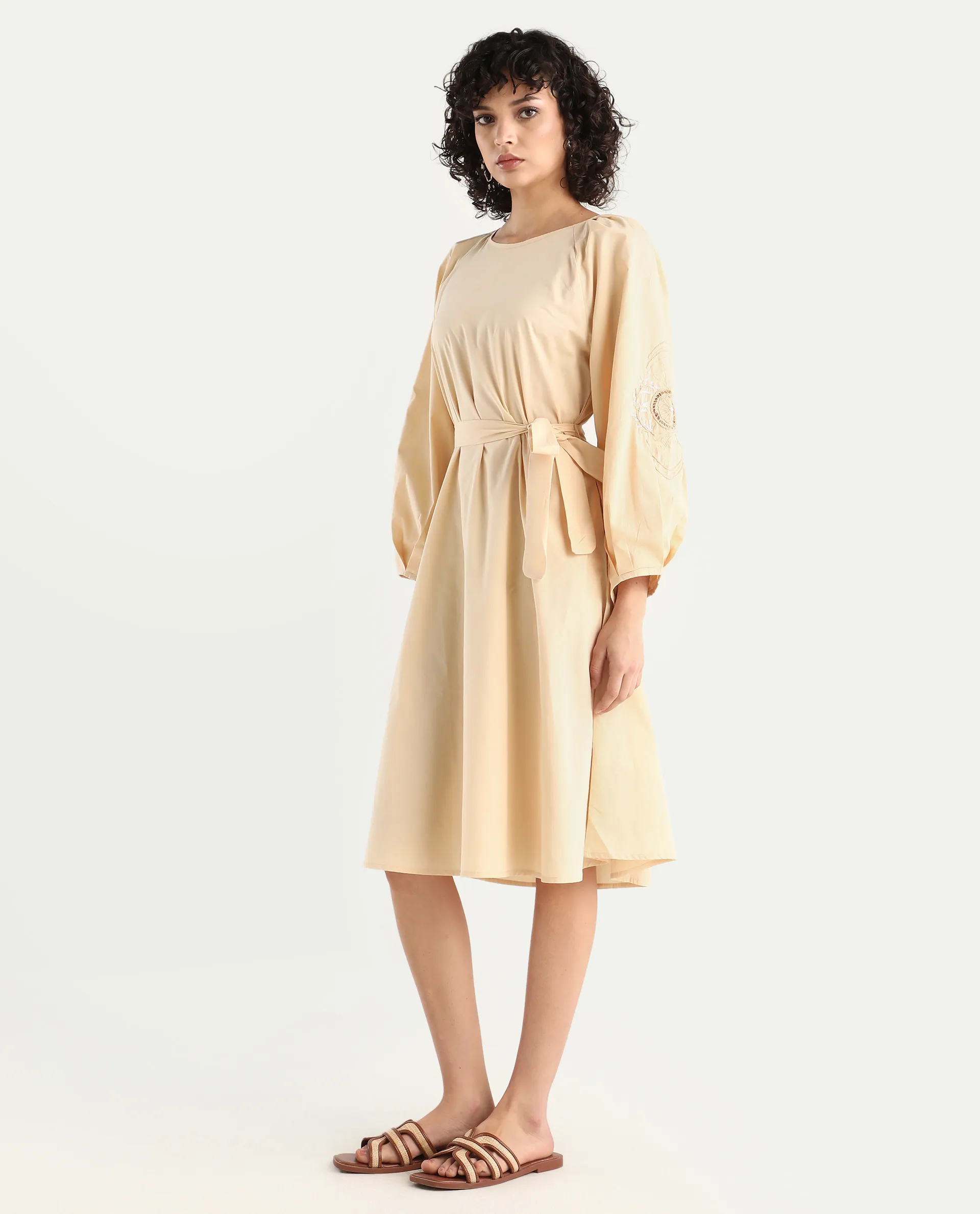 Rareism Women's Asta Light Beige Cotton Round Neck Plain Raglan Sleeve Midi A-Line Dress - Image 5