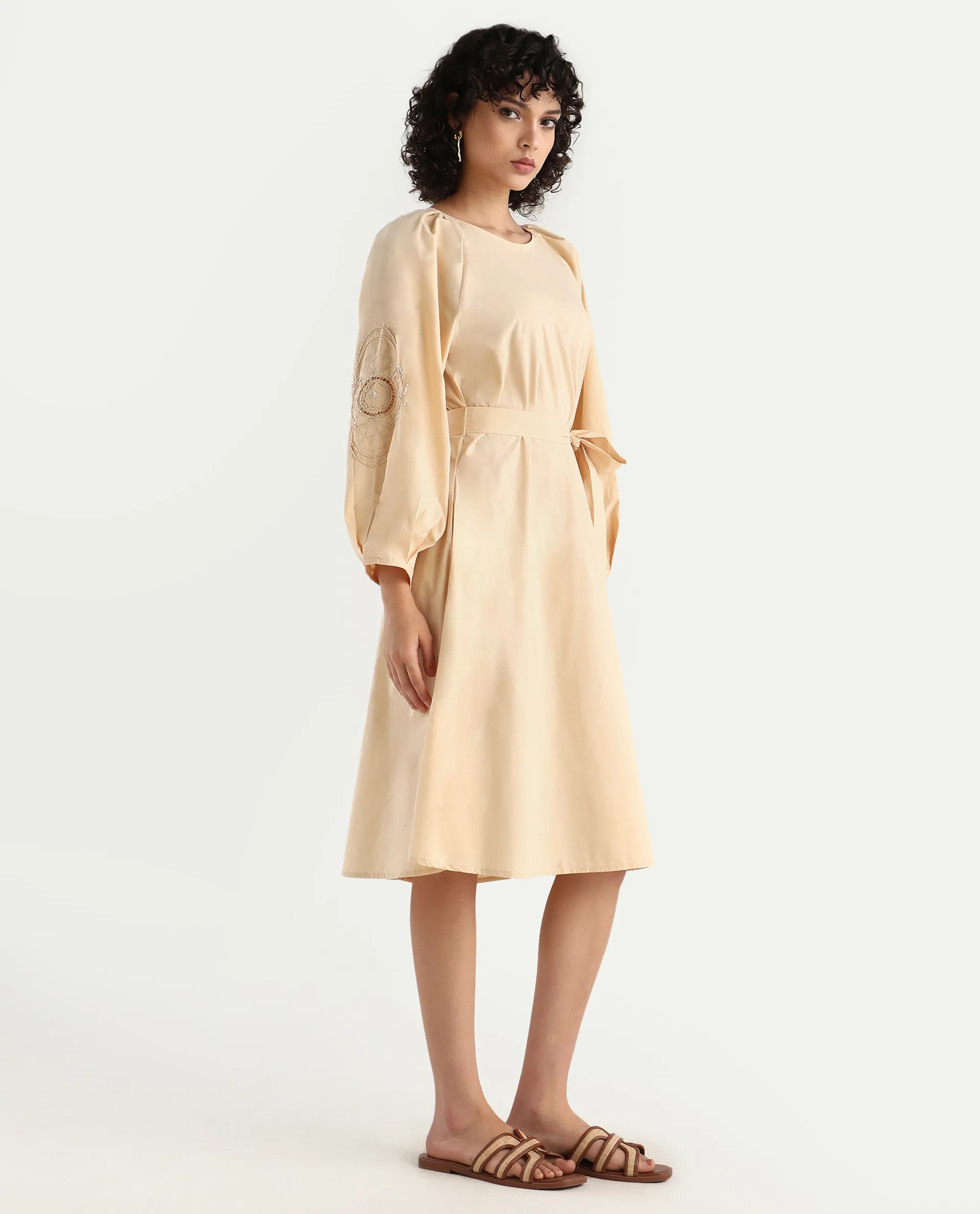 Rareism Women's Asta Light Beige Cotton Round Neck Plain Raglan Sleeve Midi A-Line Dress - Image 6
