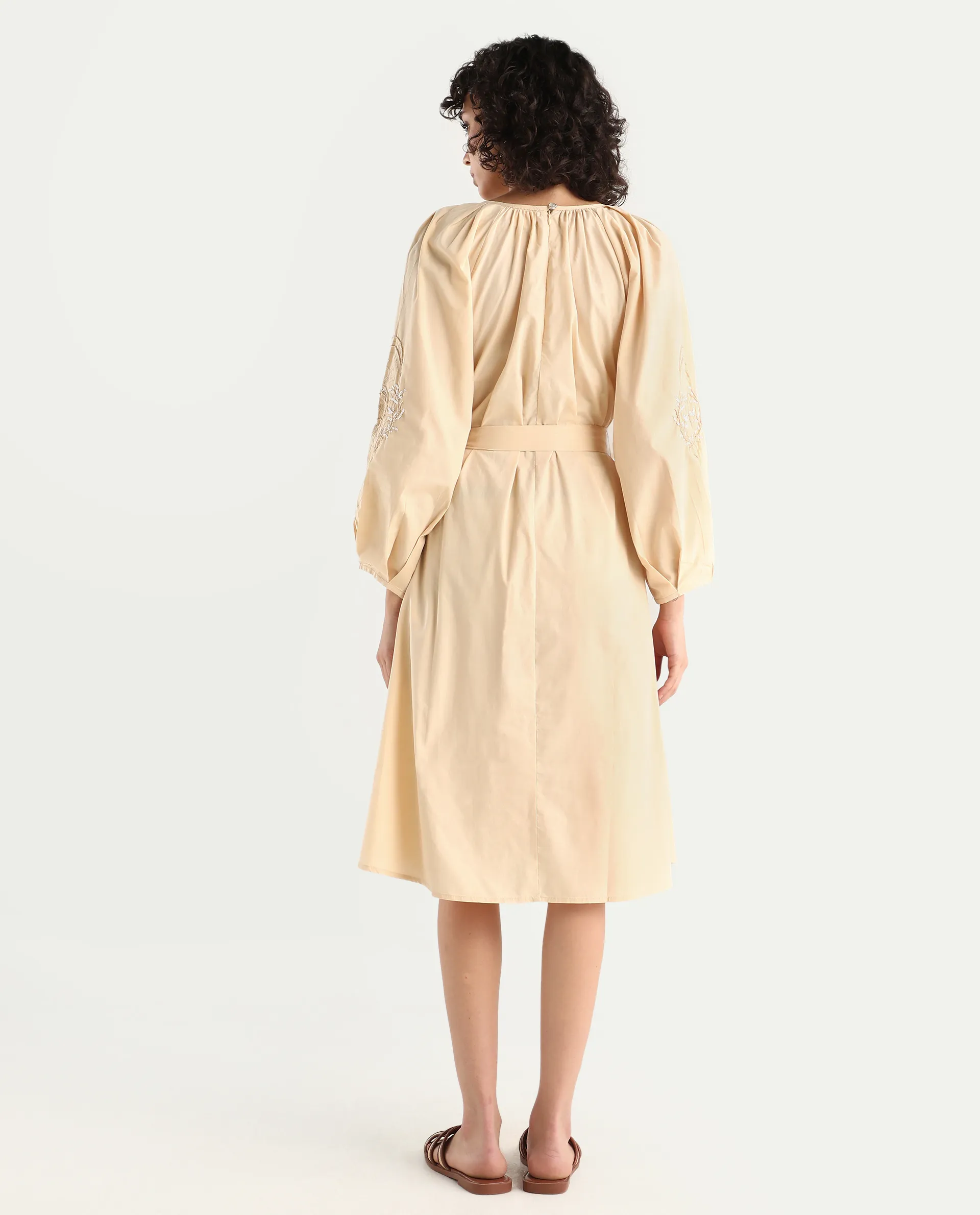 Rareism Women's Asta Light Beige Cotton Round Neck Plain Raglan Sleeve Midi A-Line Dress - Image 7