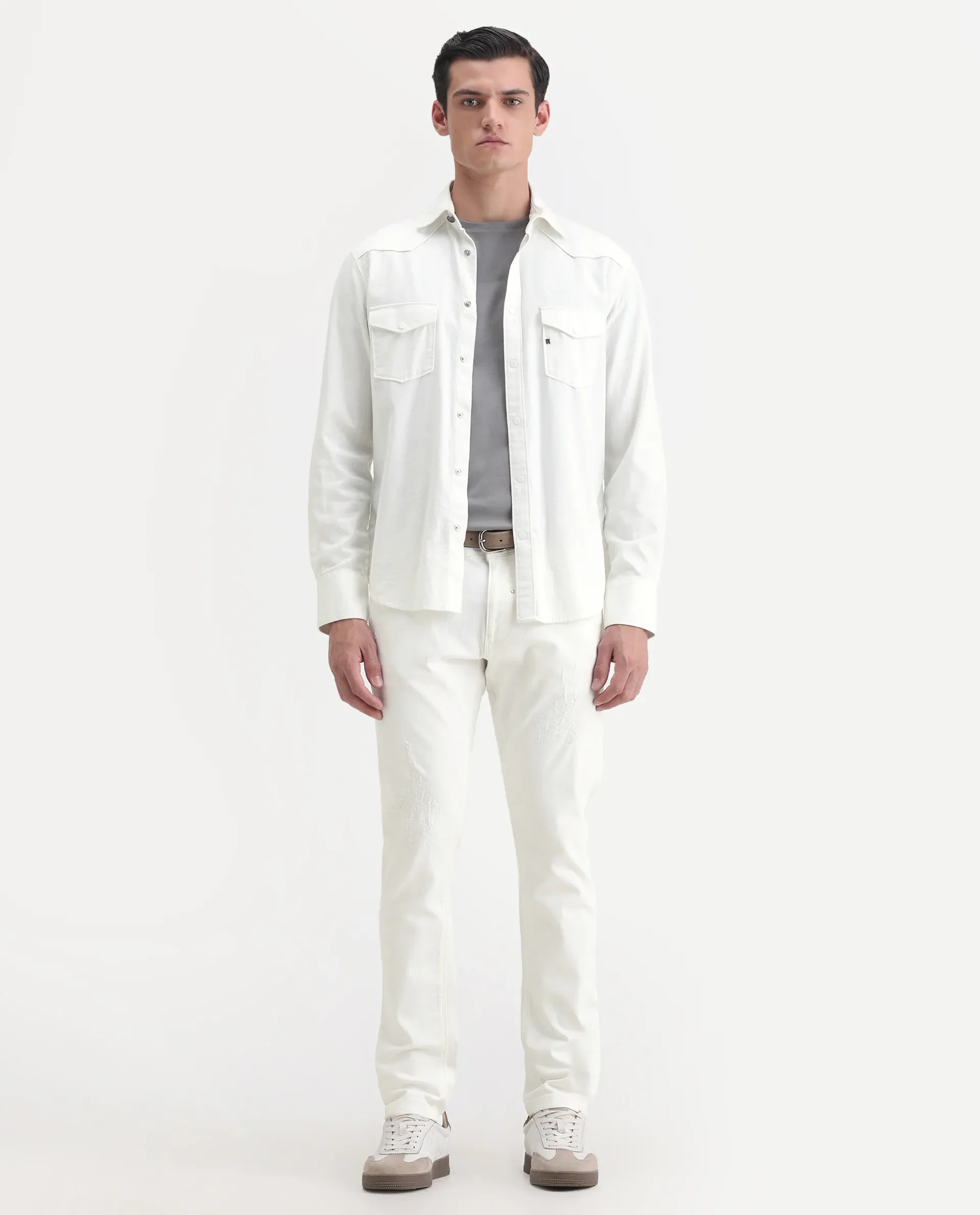 Rare Rabbit Men's Astral White Cotton Plain Hawk Slim Fit Jeans