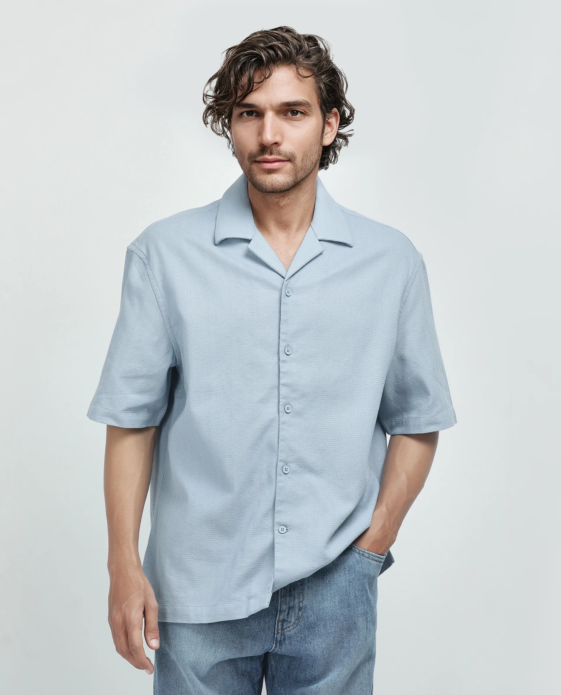 Rare Rabbit Men's Astur Blue Cotton Plain Boxy Fit Half Sleeve Cuban Collar Shirt