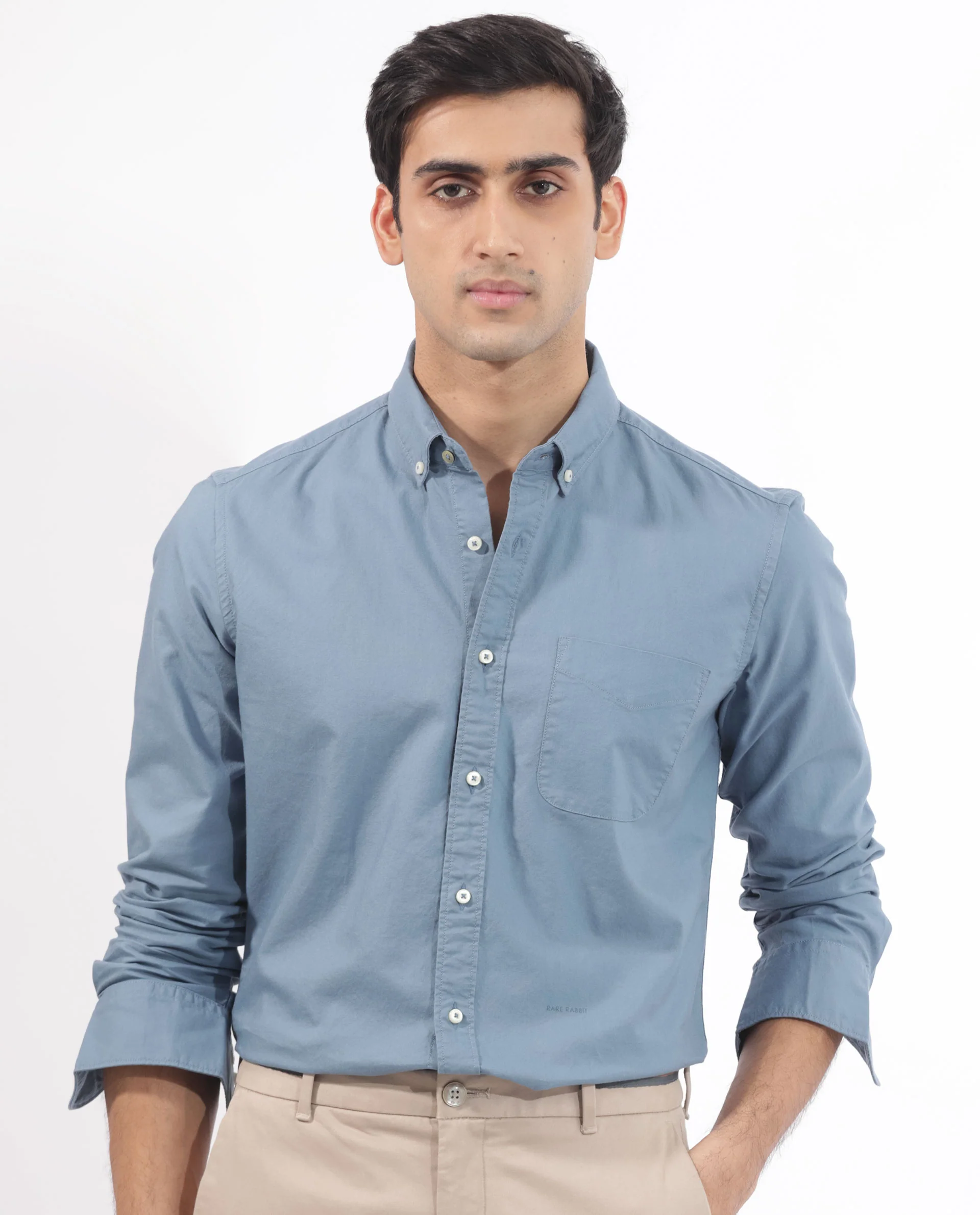 Rare Rabbit Men's Auxfo Blue Cotton Plain Regular Fit Full Sleeve Button-Down Collar Shirt