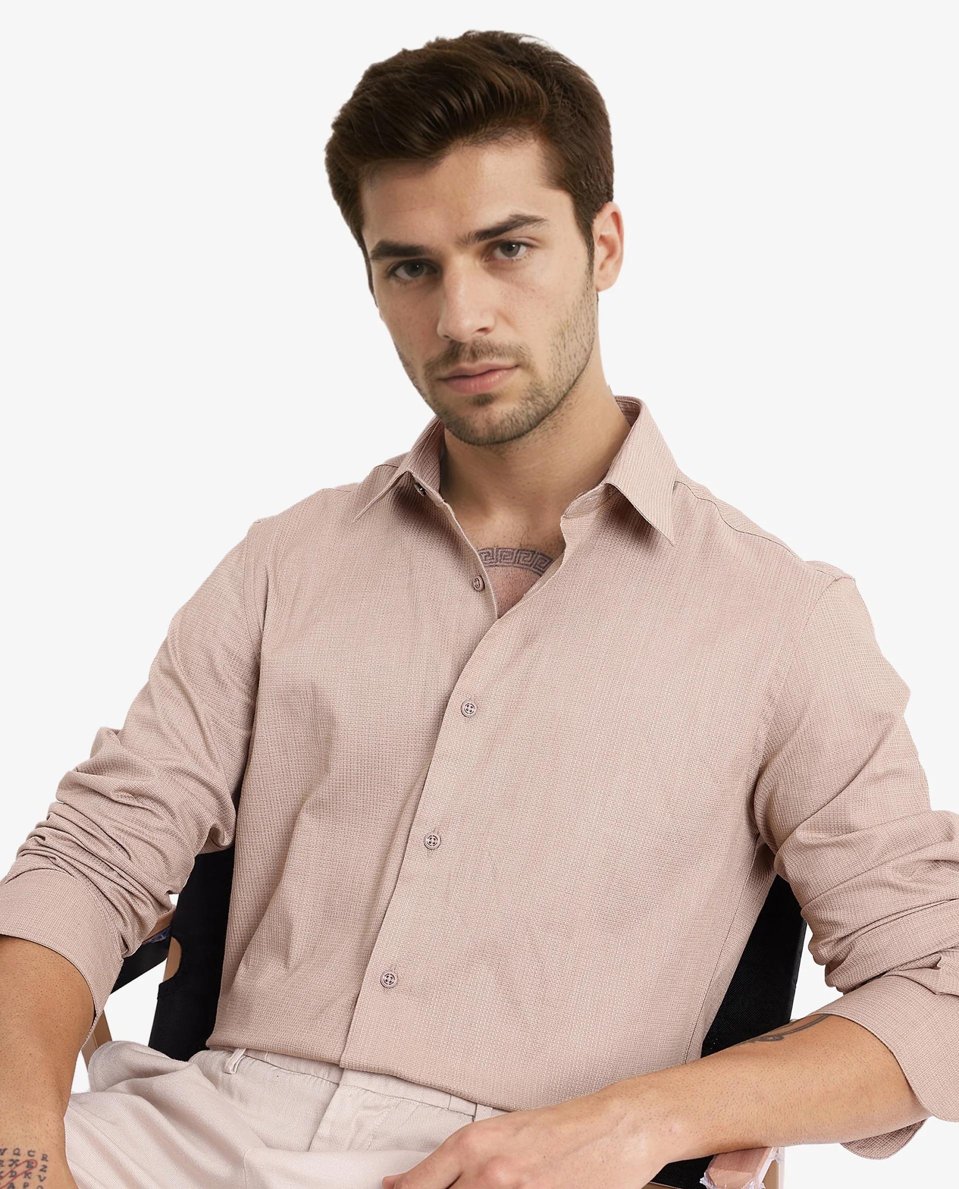 Rare Rabbit Men's Auxon Khaki Cotton Textured Regular Fit Full Sleeve Collared Shirt
