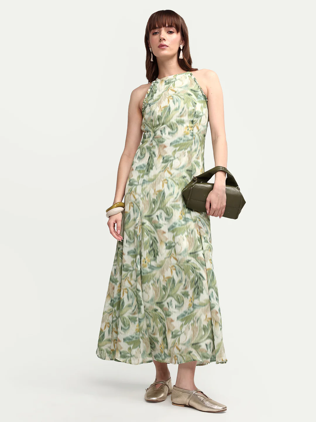 Rareism Women's Avenu Light Green Polyester Sleeveless Fit And Flare Printed Dress
