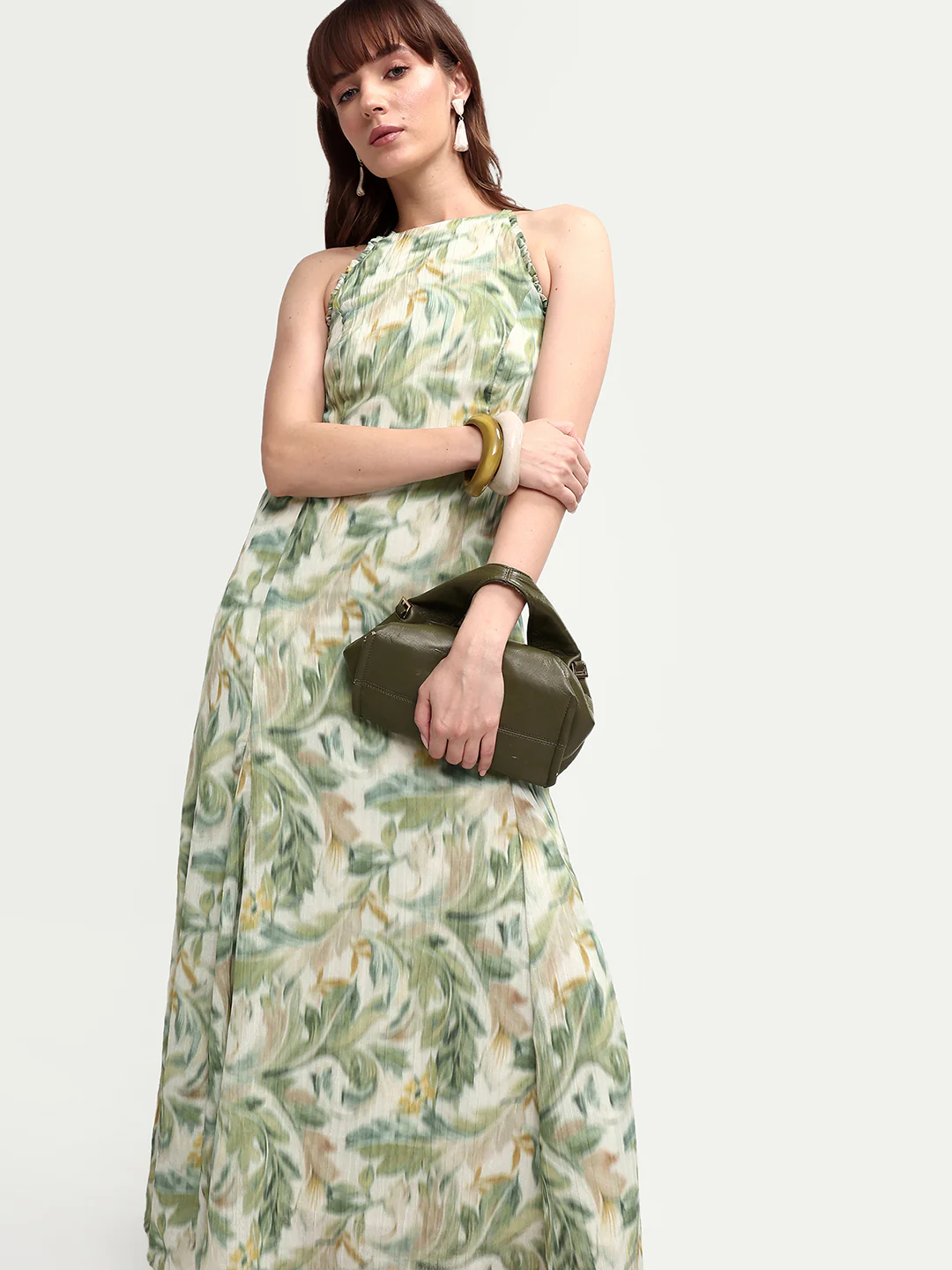 Rareism Women's Avenu Light Green Polyester Sleeveless Fit And Flare Printed Dress - Image 2