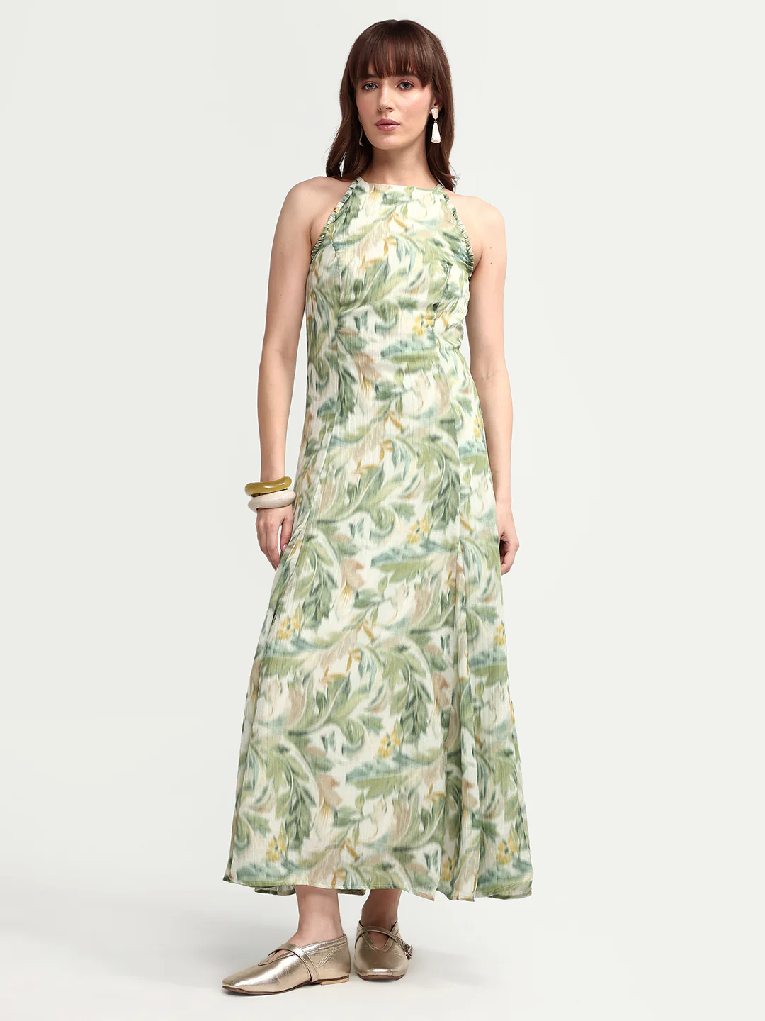 Rareism Women's Avenu Light Green Polyester Sleeveless Fit And Flare Printed Dress - Image 3
