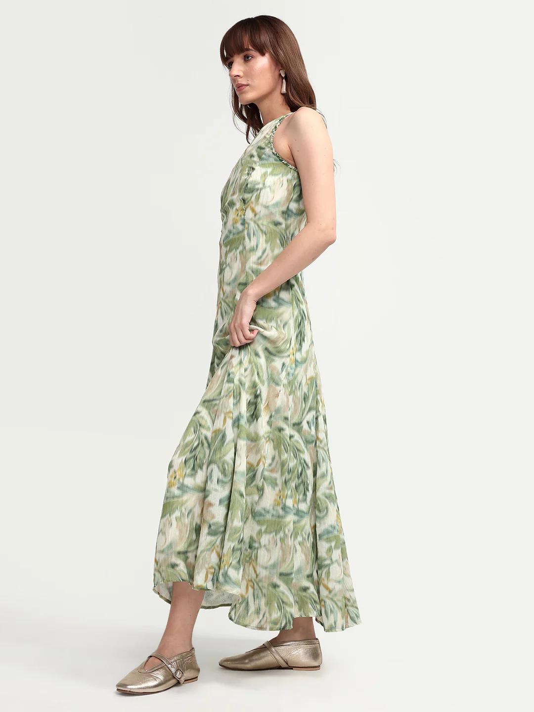 Rareism Women's Avenu Light Green Polyester Sleeveless Fit And Flare Printed Dress - Image 5
