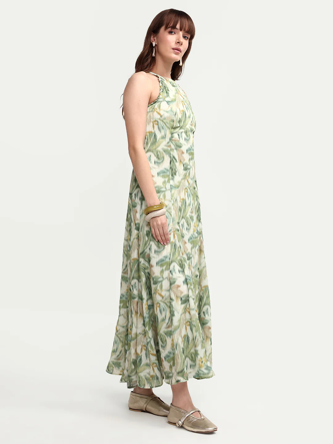 Rareism Women's Avenu Light Green Polyester Sleeveless Fit And Flare Printed Dress - Image 6
