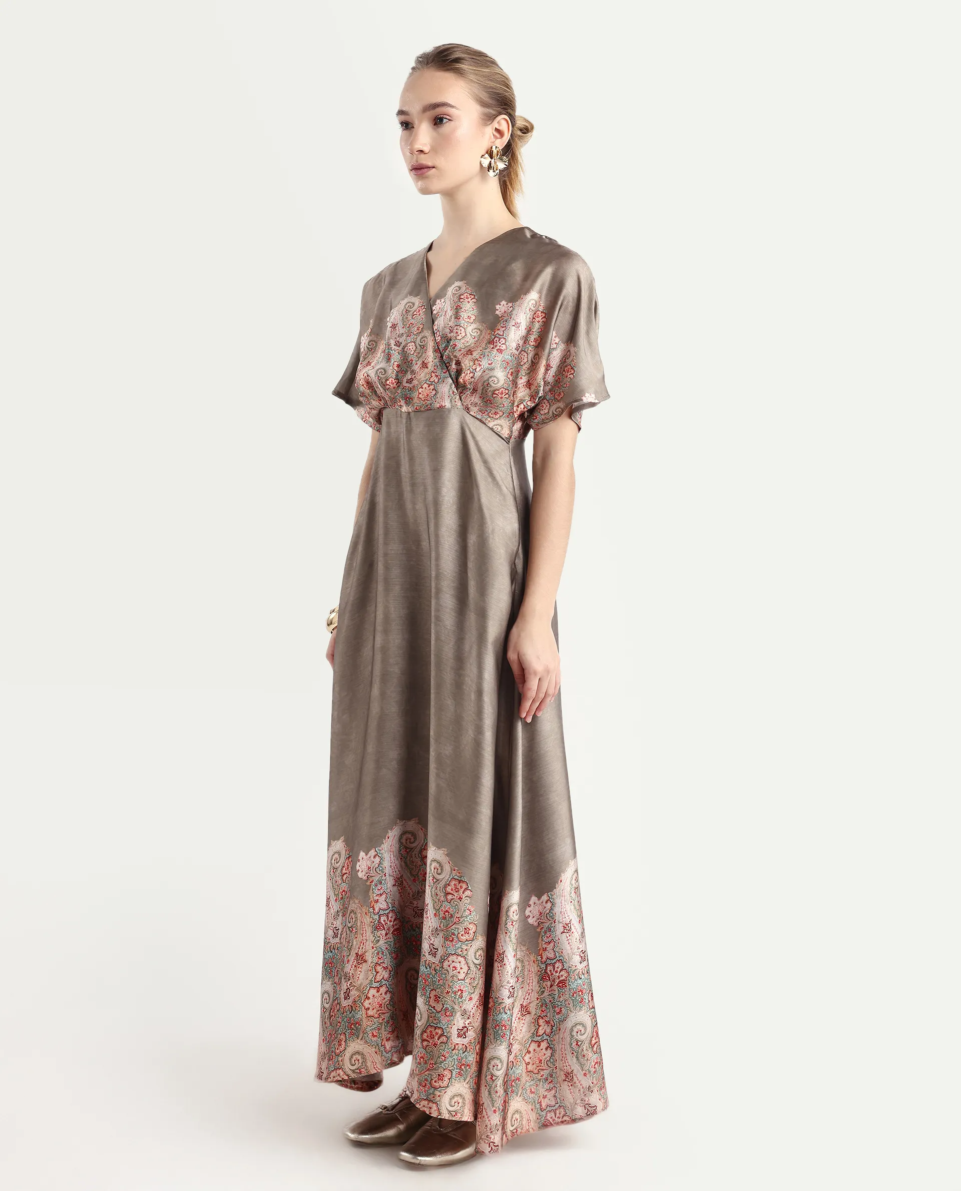 Rareism Women Avibit Olive V-Neck Zipper Flared Maxi Printed Dress - Image 3