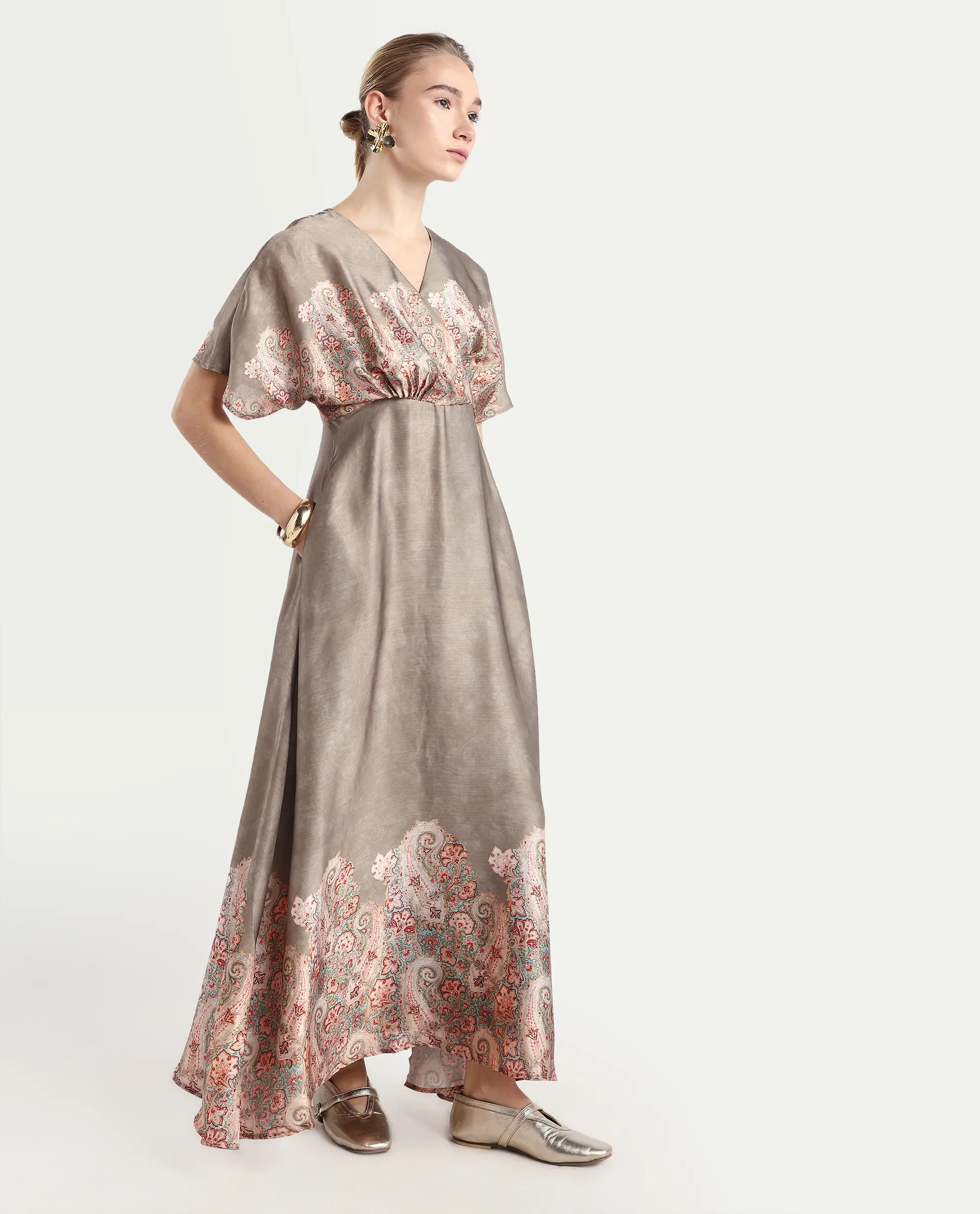 Rareism Women Avibit Olive V-Neck Zipper Flared Maxi Printed Dress - Image 6