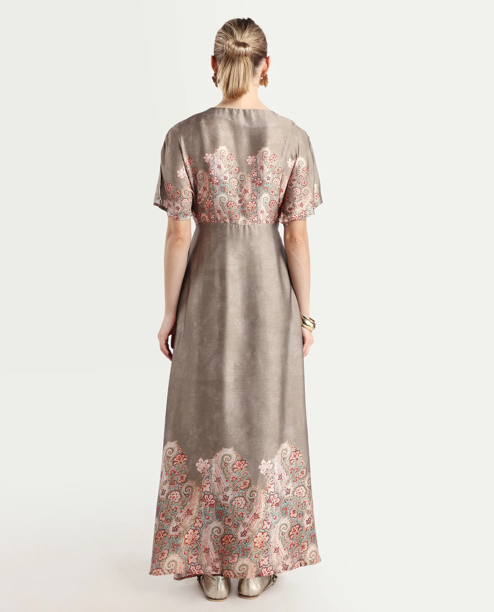 Rareism Women Avibit Olive V-Neck Zipper Flared Maxi Printed Dress - Image 7