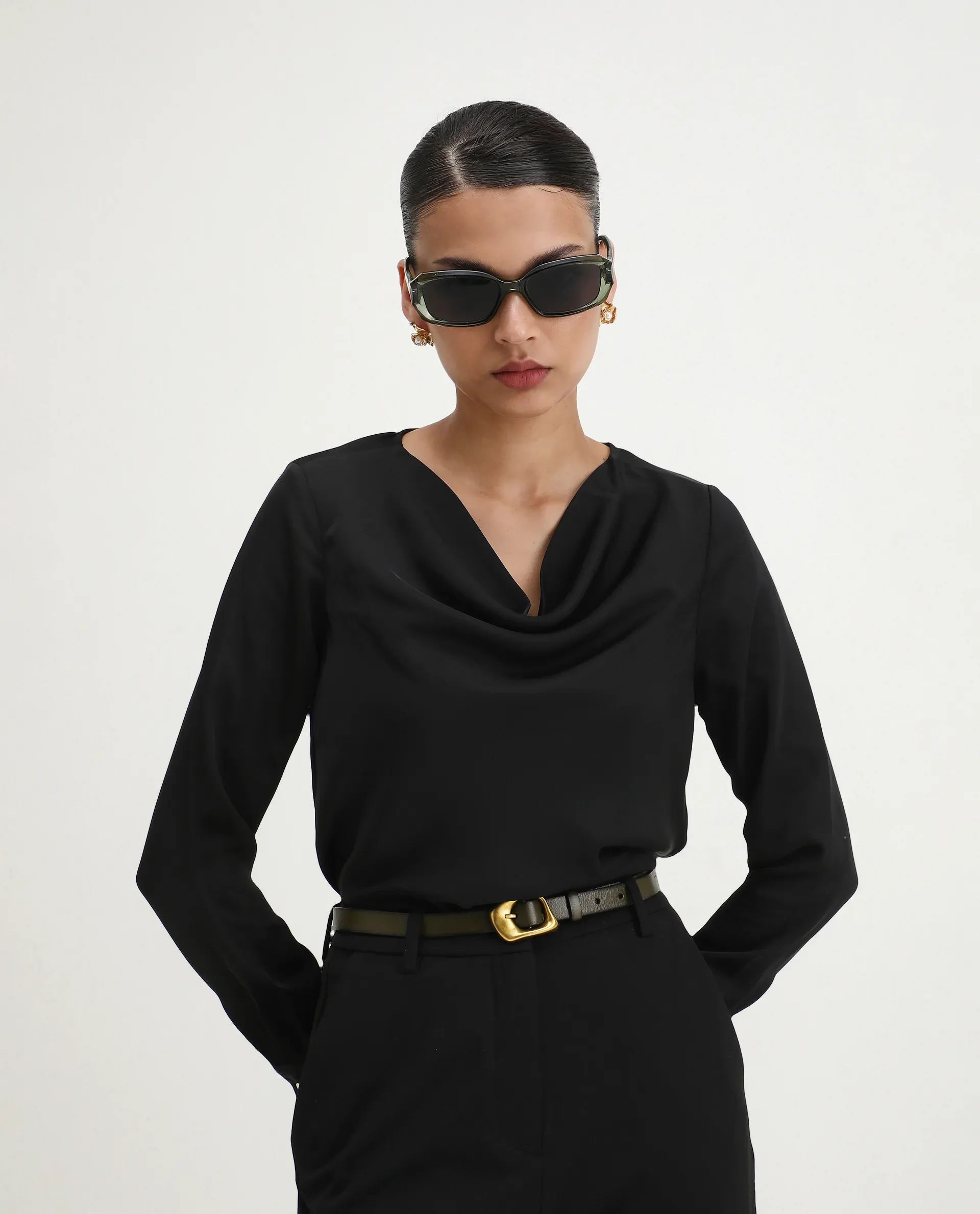 Rareism Women's Avier Black Polyester Cowl Neck Regular Fit Plain Top