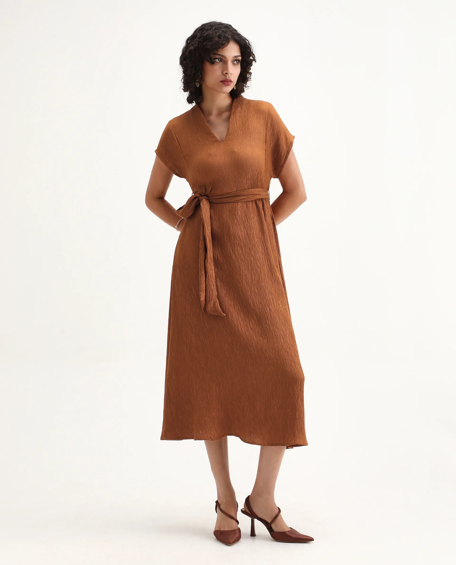 Rareism Women's Aviha Rust Nylon Blend V-Neck Fit And Flare Plain Dress