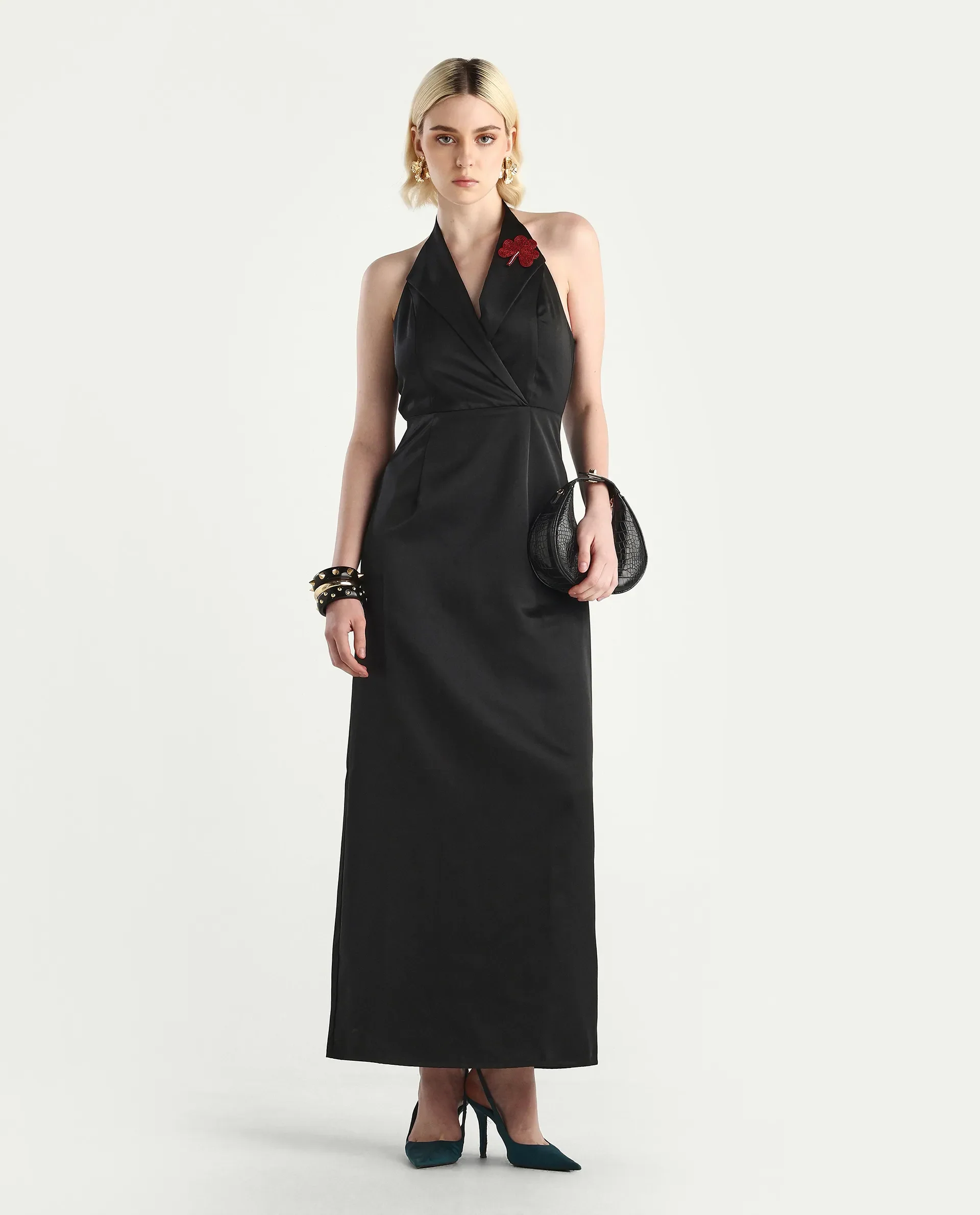 Rareism Women's Avila Black Polyester Halter Neck Fitted Plain Dress