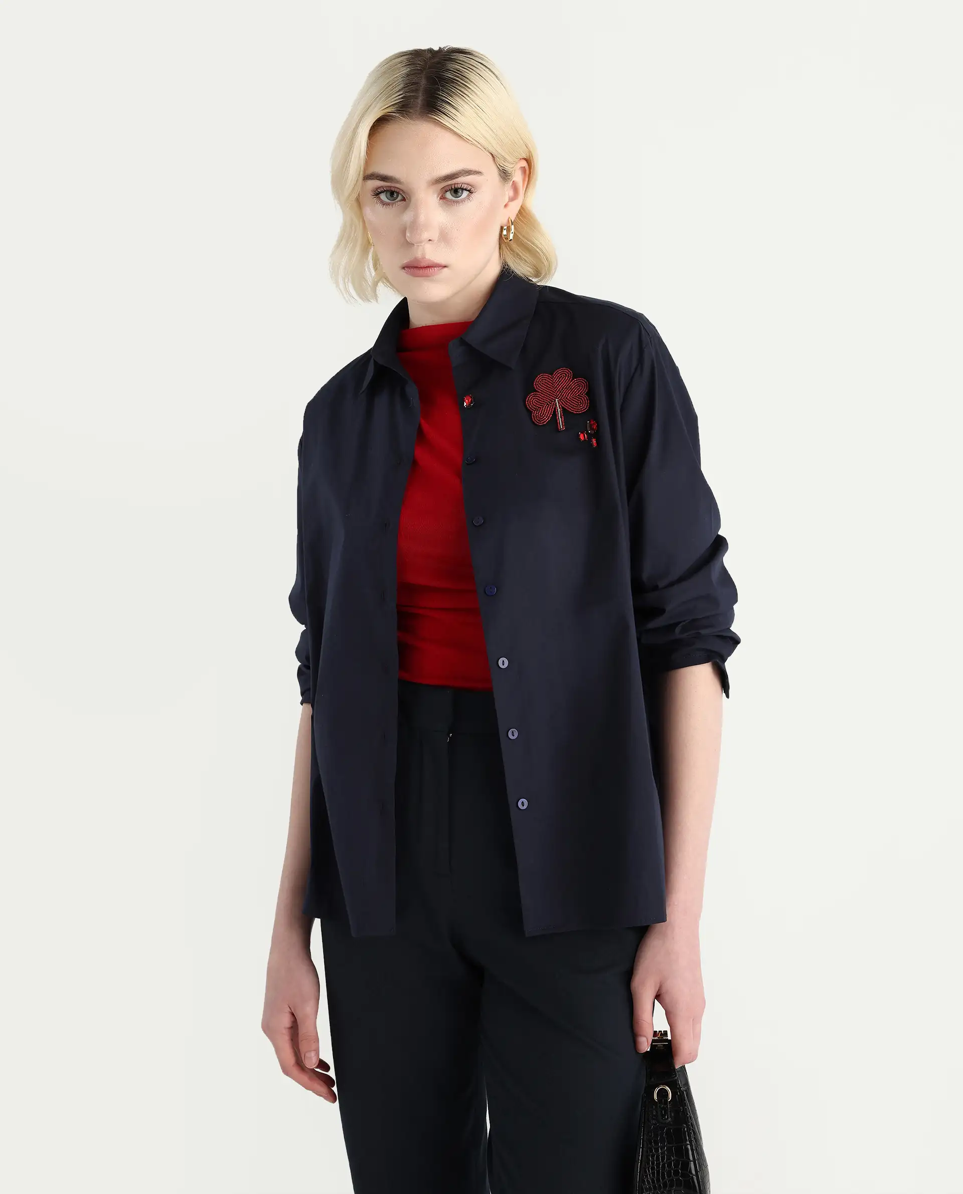 Rareism Women's Avion Navy Cotton Blend Collared Neck Boxy Fit Shirt