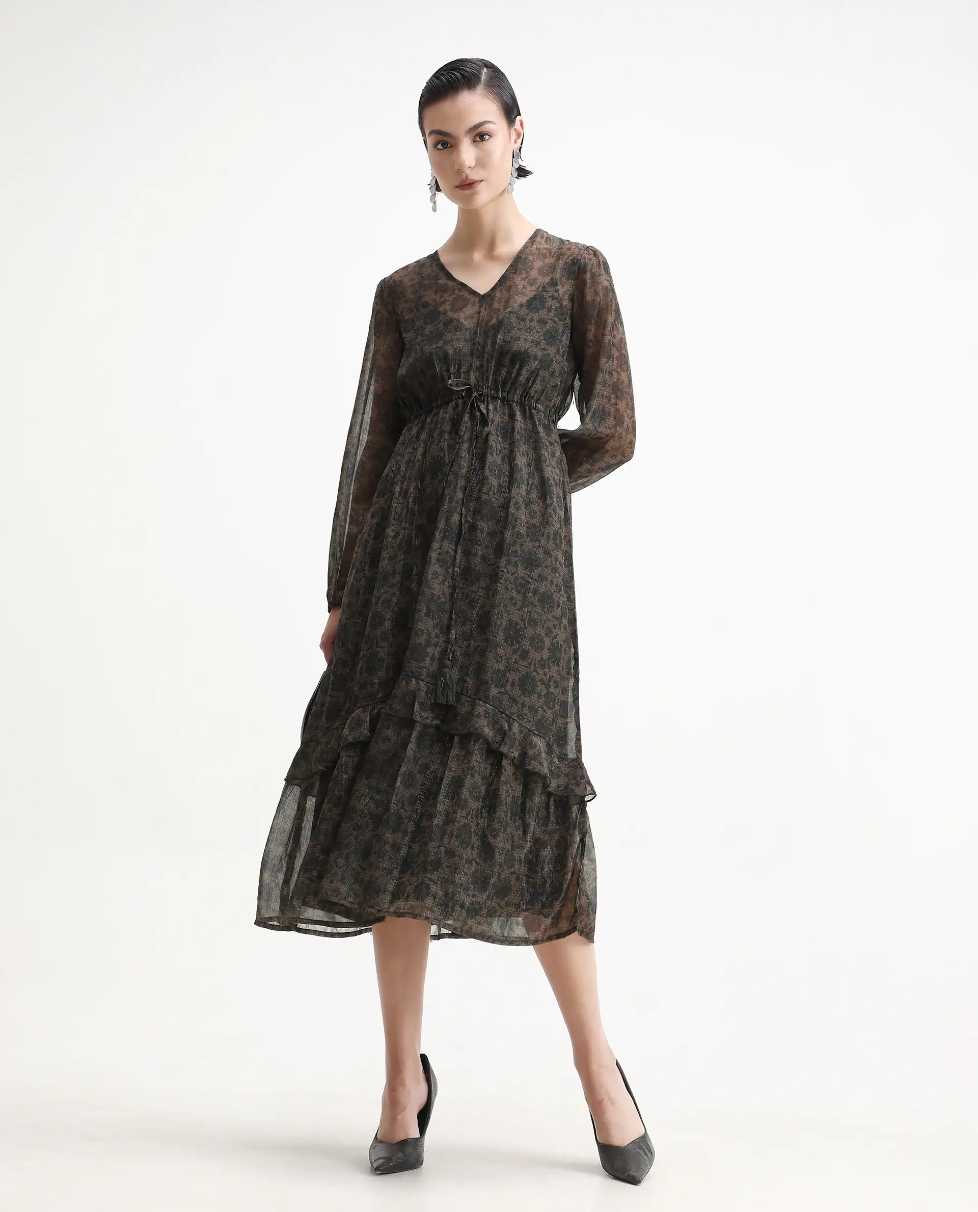 Rareism Women's Aviup Olive Polyester V-Neck Fit And Flare Floral Print Midi Dress