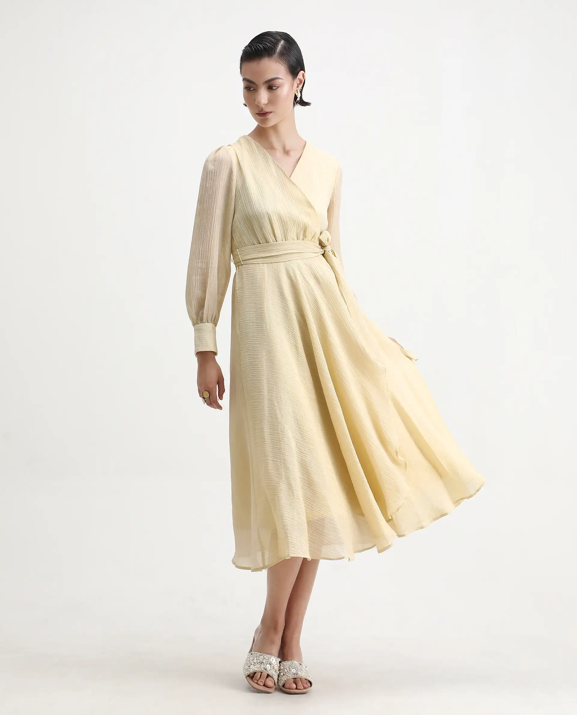 Rareism Women's Avsi Gold Polyester Wrap Neck Fit And Flare Plain Midi Dress - Image 3