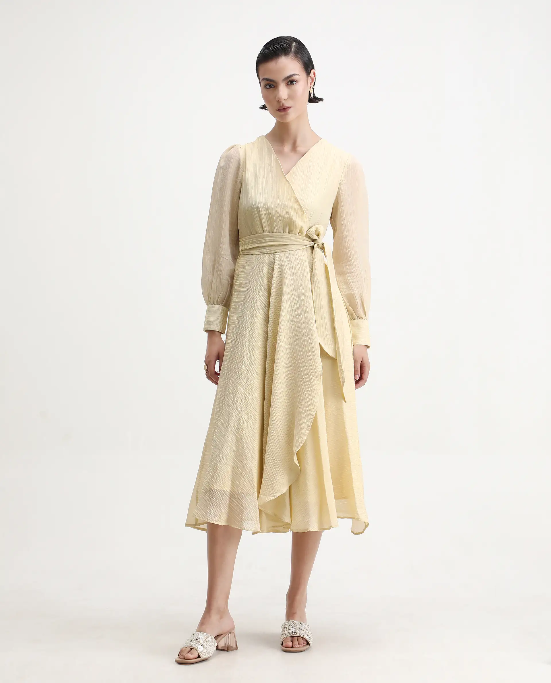 Rareism Women's Avsi Gold Polyester Wrap Neck Fit And Flare Plain Midi Dress - Image 4