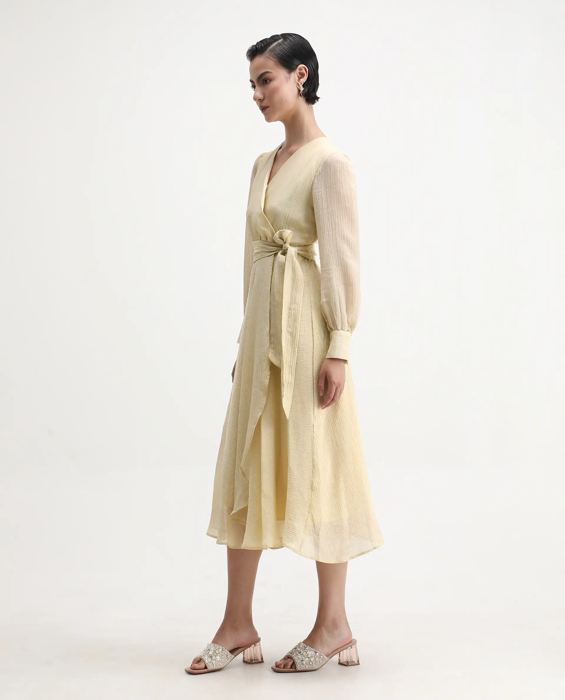 Rareism Women's Avsi Gold Polyester Wrap Neck Fit And Flare Plain Midi Dress - Image 5