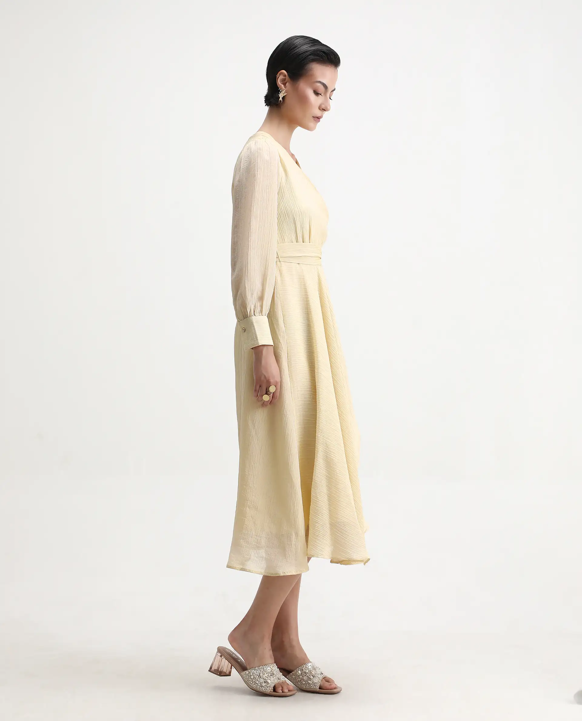 Rareism Women's Avsi Gold Polyester Wrap Neck Fit And Flare Plain Midi Dress - Image 6