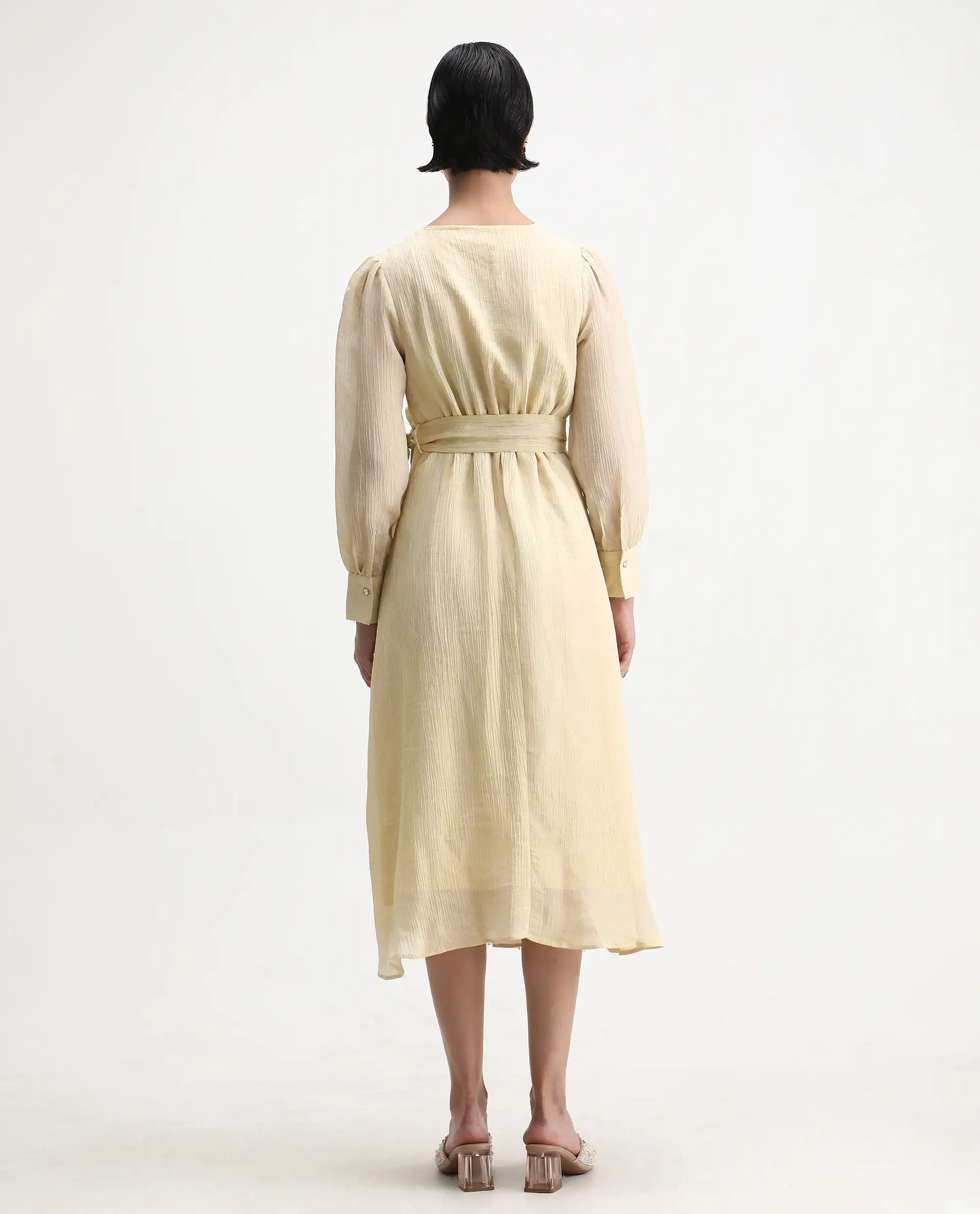 Rareism Women's Avsi Gold Polyester Wrap Neck Fit And Flare Plain Midi Dress - Image 7