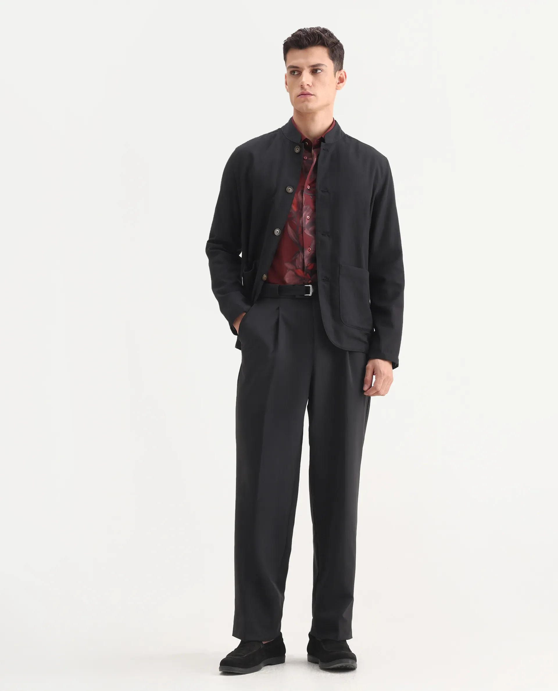 Rare Rabbit Men's Axie Black Cotton Blend Plain Wide Leg Trouser