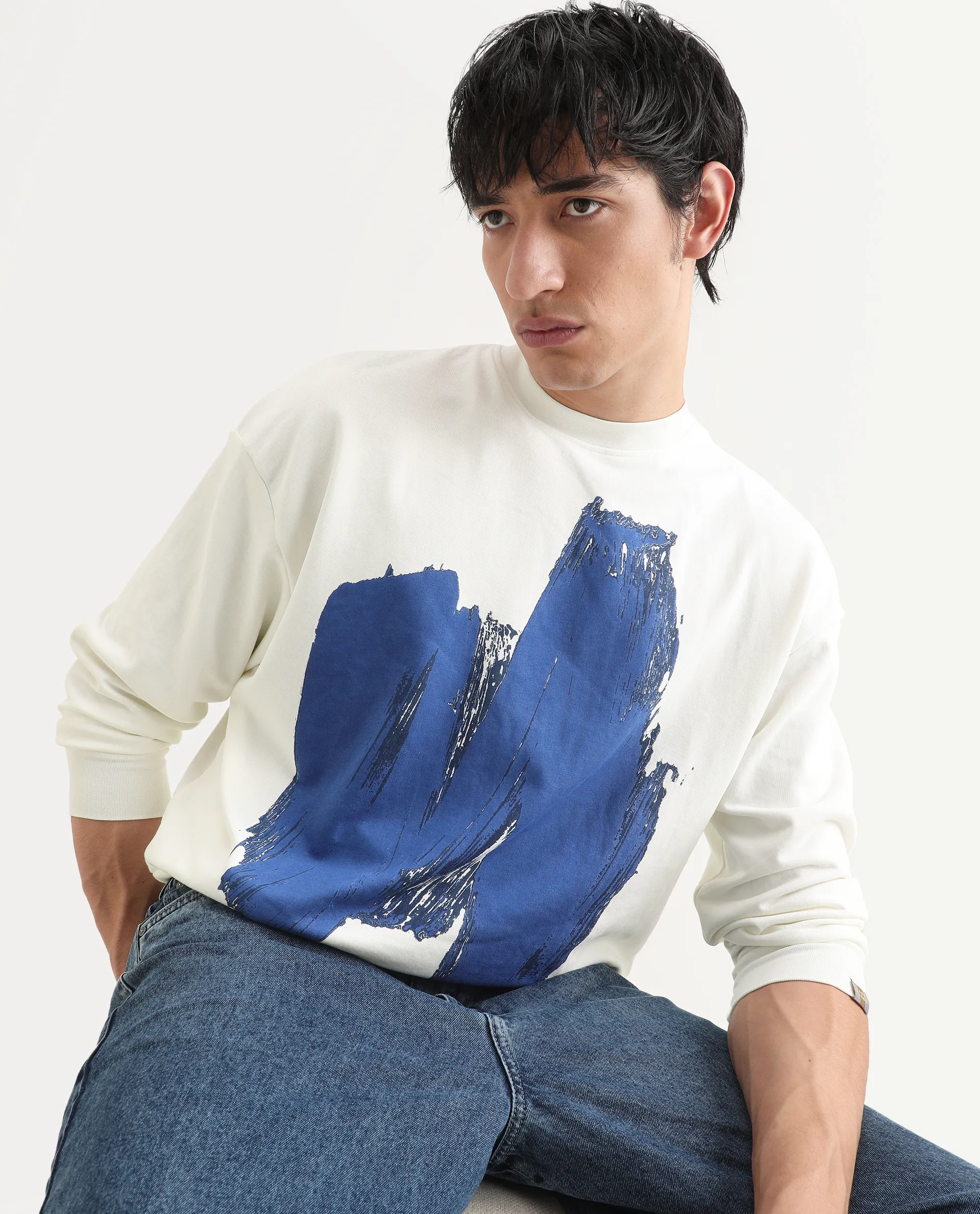 Rare Rabbit Men's Bade Off White Cotton Abstract Print Boxy Fit Full Sleeve Crew Neck Sweatshirt