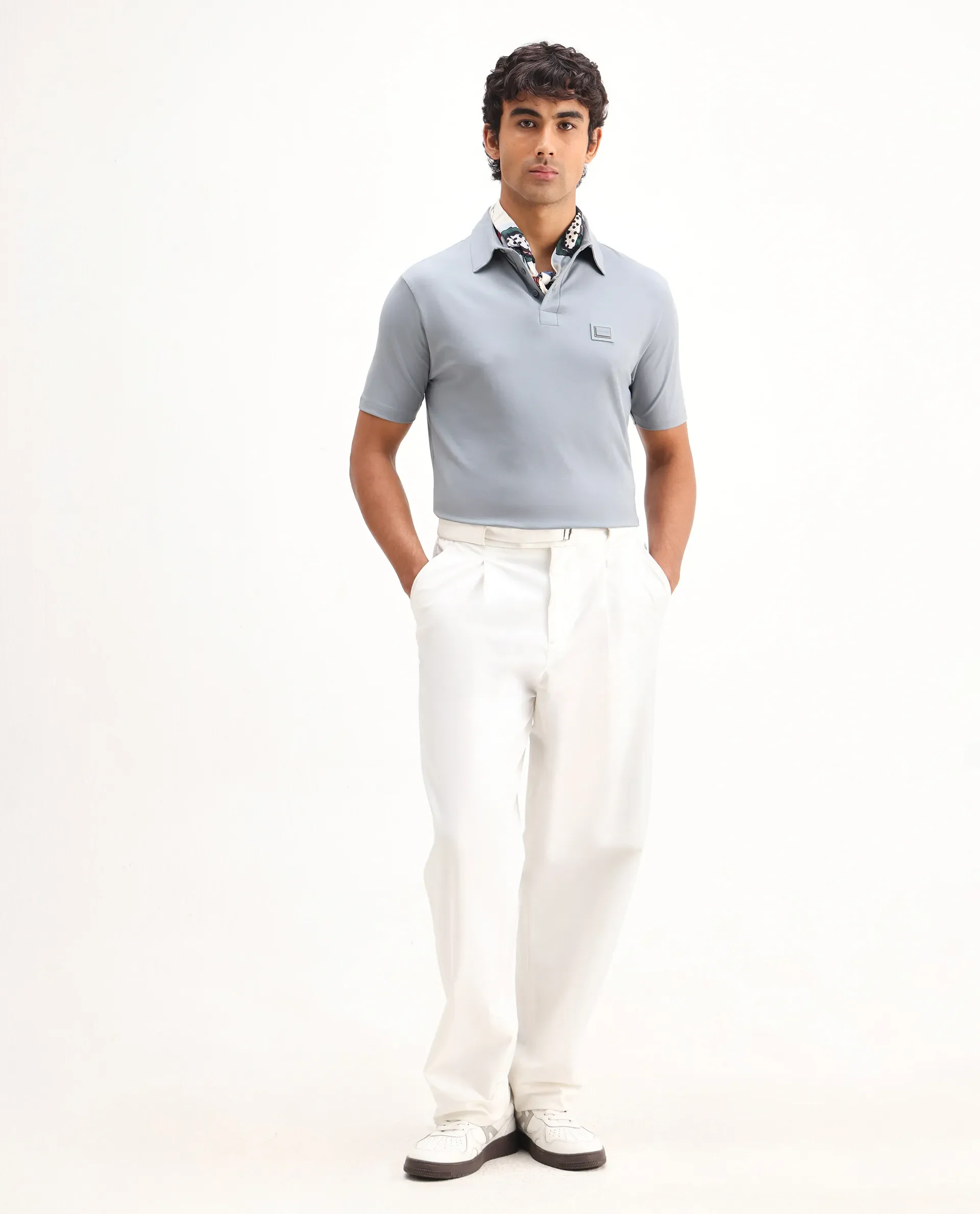 Rare Rabbit Men's Badger-2 Dusky Blue Cotton Plain Regular Fit Half Sleeve Polo - Image 2