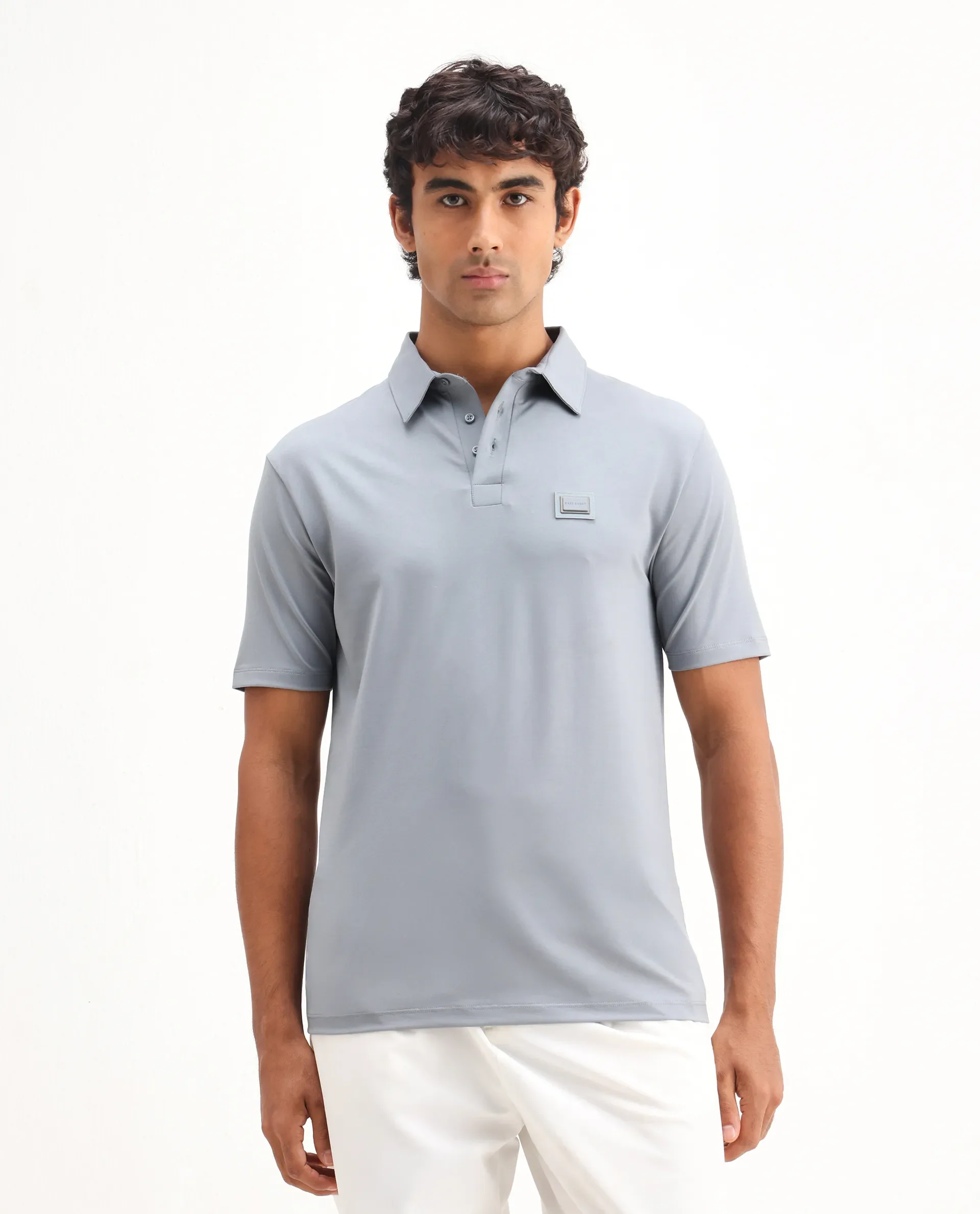Rare Rabbit Men's Badger-2 Dusky Blue Cotton Plain Regular Fit Half Sleeve Polo - Image 3