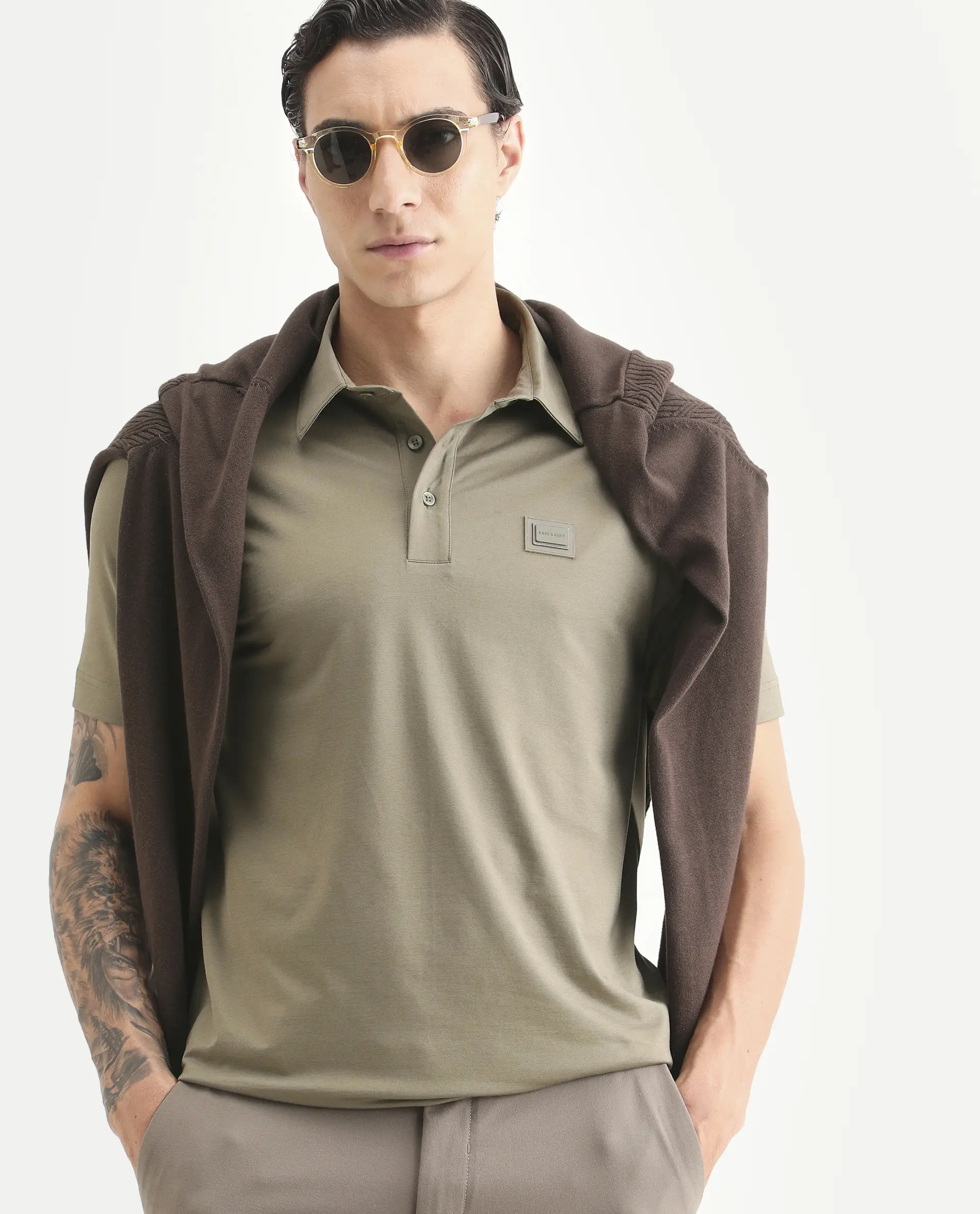 Rare Rabbit Men's Badger-S26 Dusky Olive Cotton Blend Fabric Half Sleeve Spread Collar Regular Fit Plain Polo
